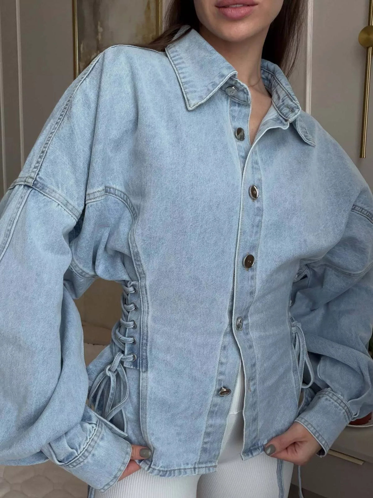 button down lace-up side denim jacket | dropsona - neutral - close-up detail