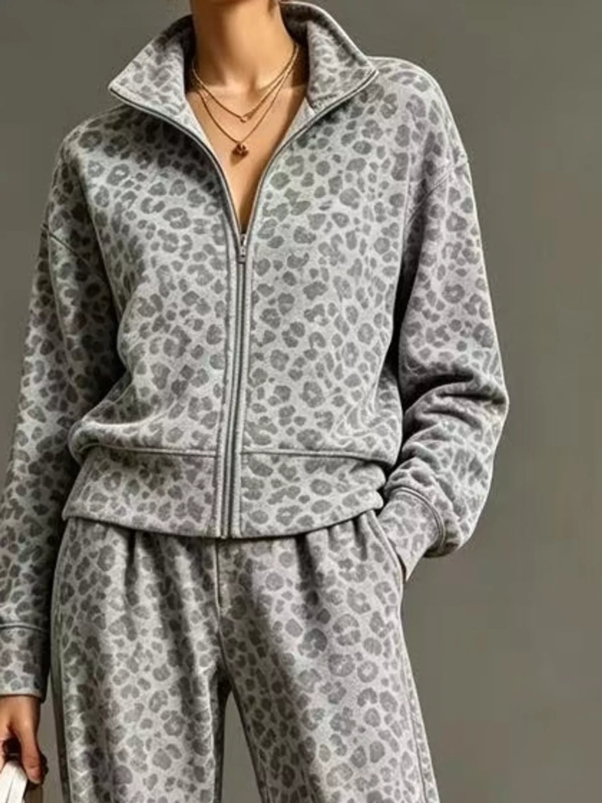 leopard print zip-up outerwear and pants set | dropsona - neutral - size reference