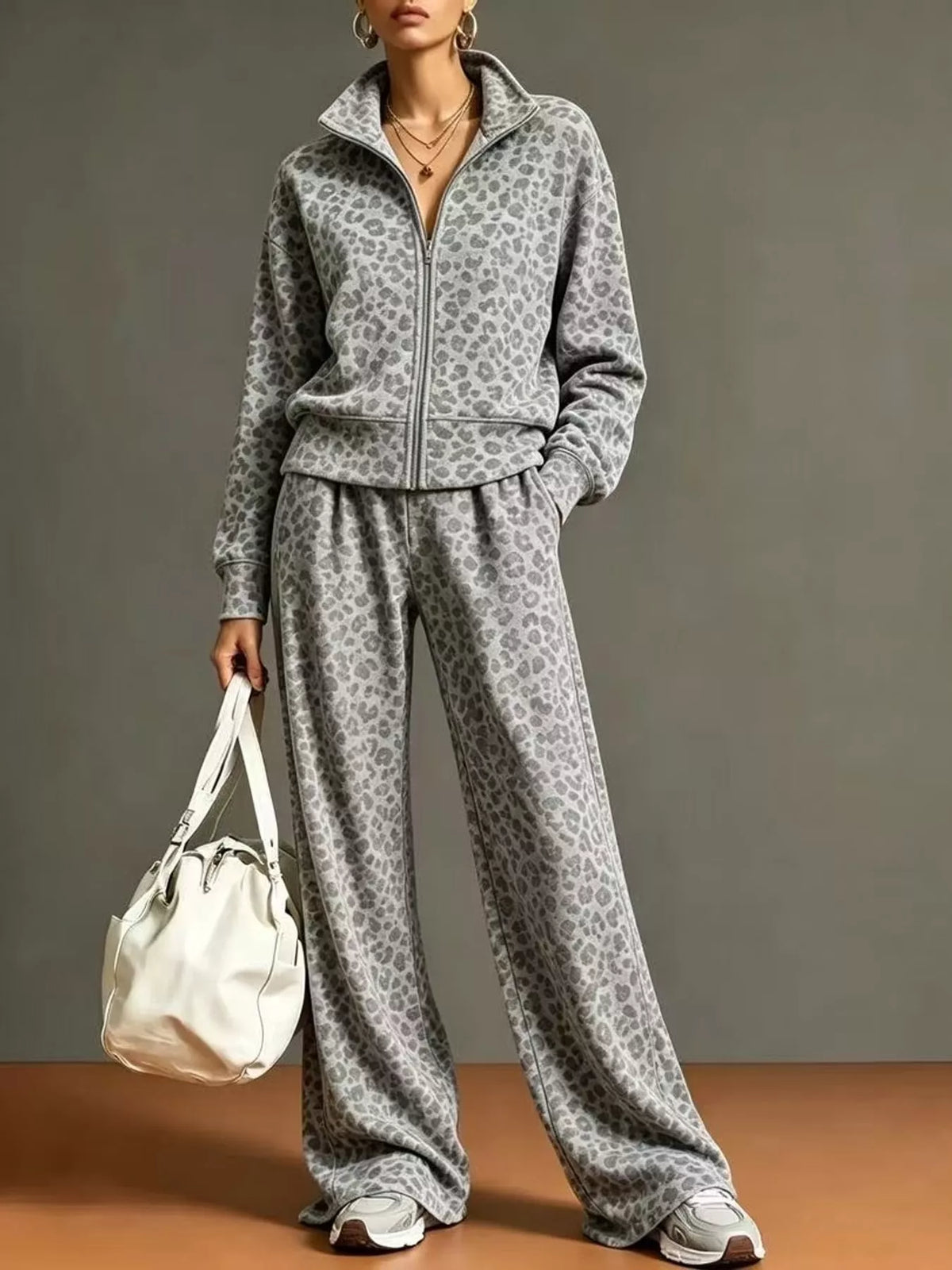 leopard print zip-up outerwear and pants set | dropsona - neutral - material texture