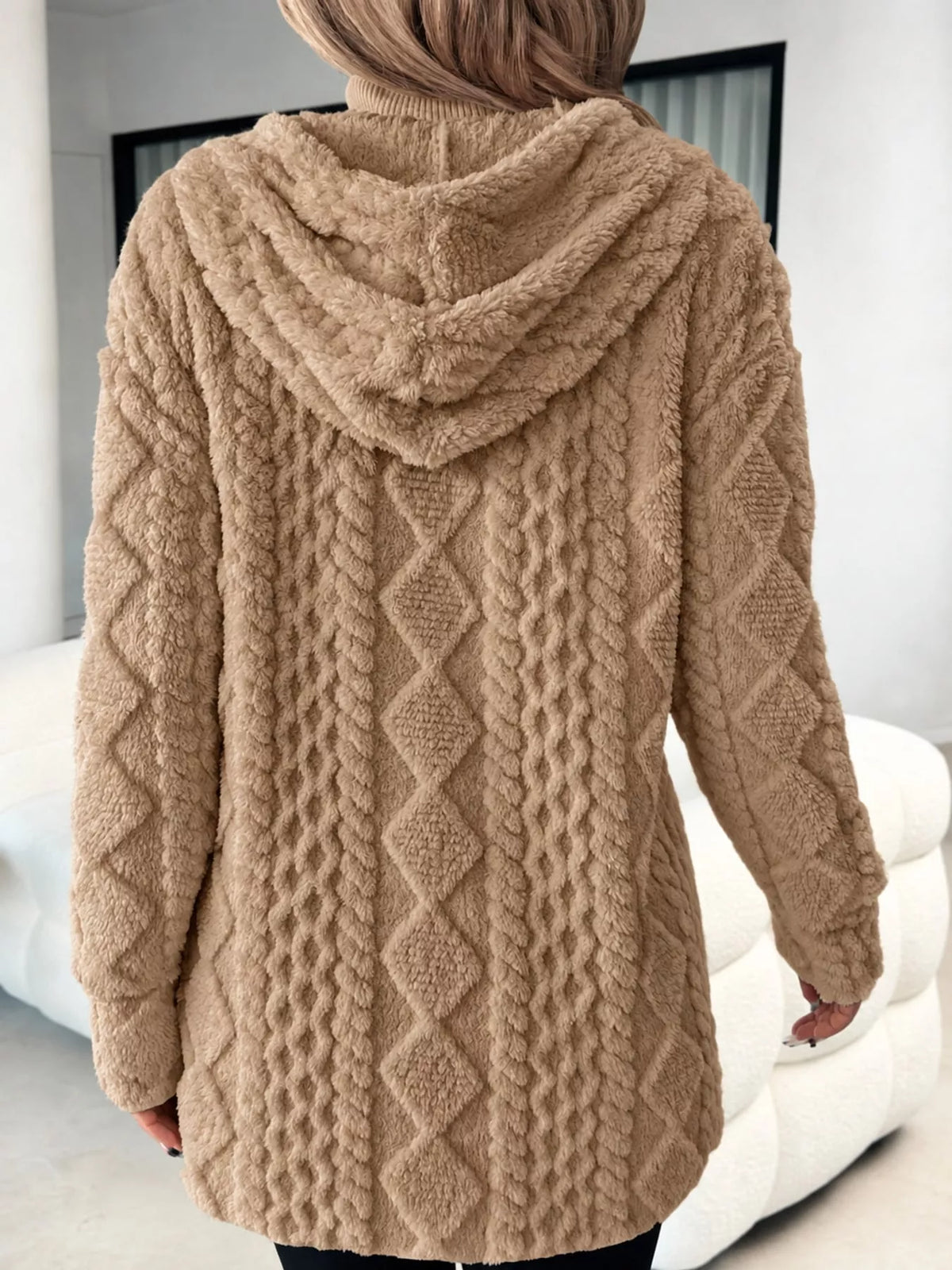 zip up fuzzy hooded outerwear – basic style fit | dropsona - neutral - close-up detail