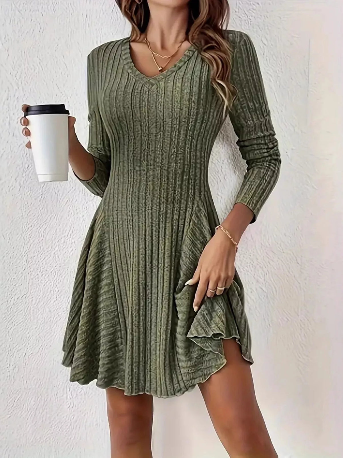 v-neck ribbed knit a-line dress – | dropsona - neutral - everyday use