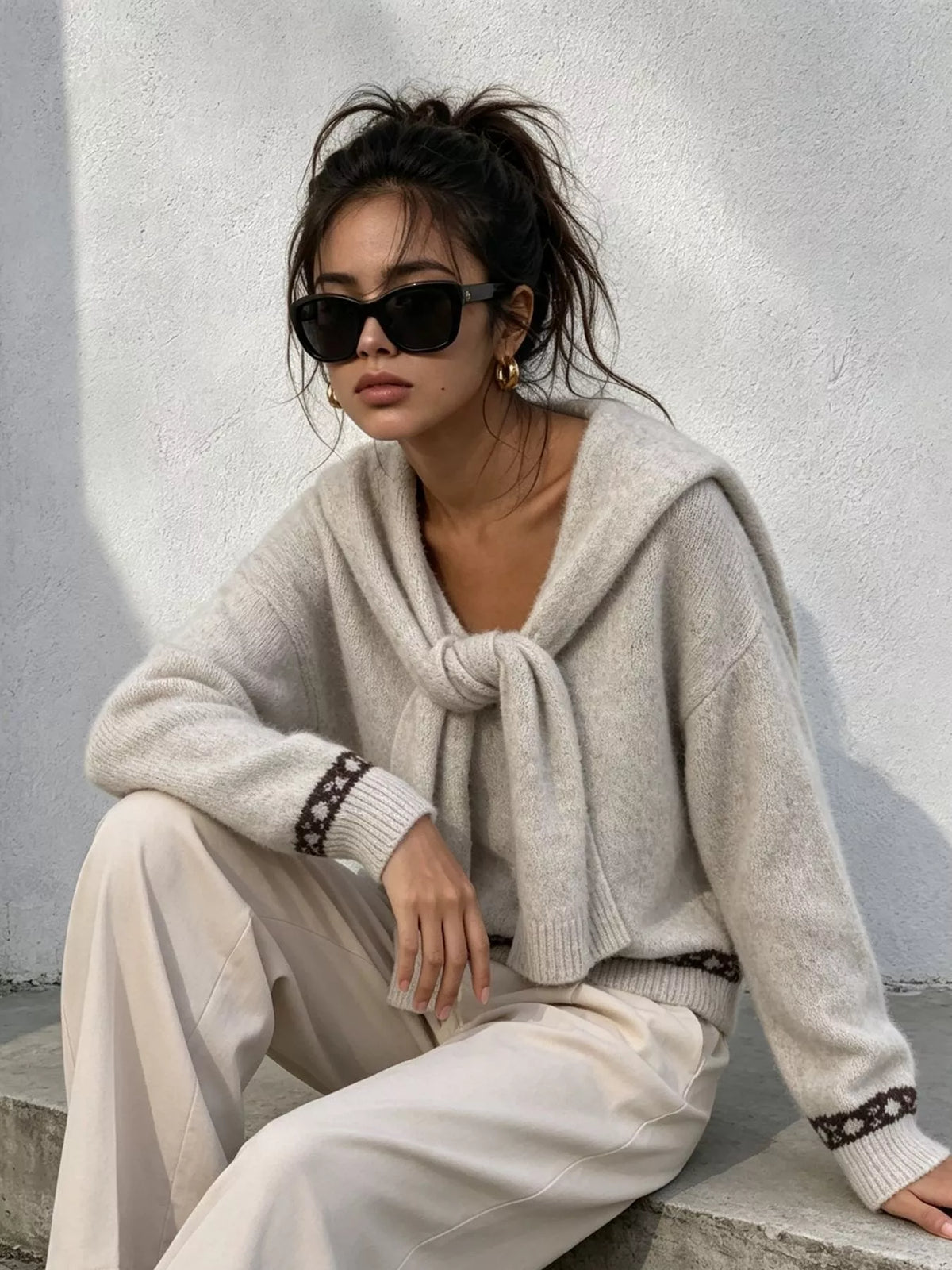 scarf detail dropped shoulder sweater – basic style | dropsona - neutral - close-up detail