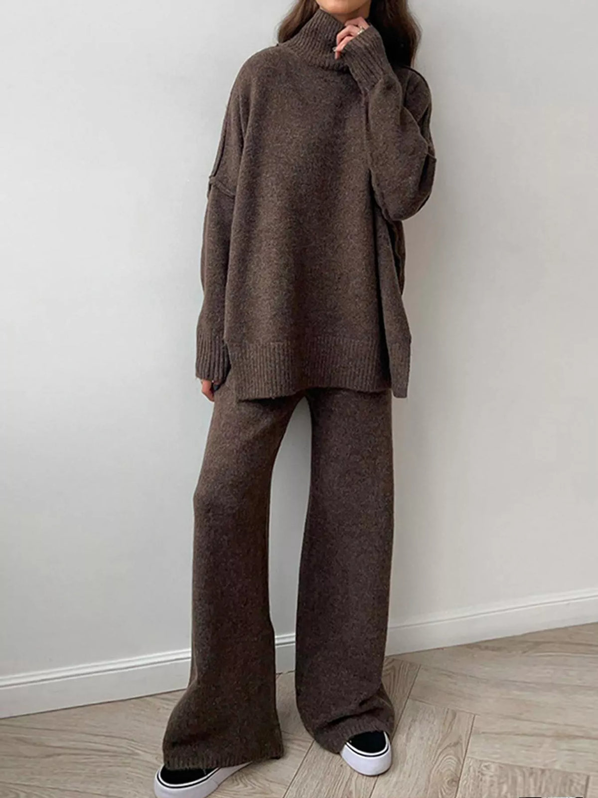 full size oversized turtleneck knit top and wide-leg | dropsona - neutral - material texture