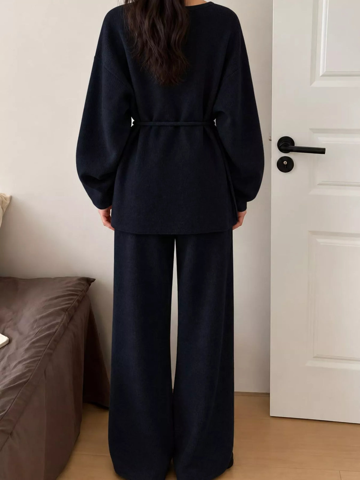 v-neck tied wrap cardigan and wide-leg pants sweater | dropsona - neutral - size reference