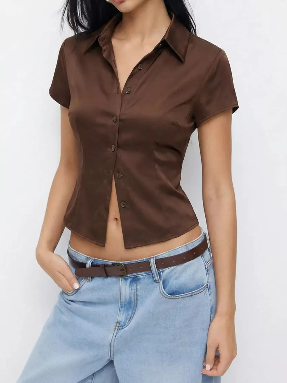 satin short sleeve button-down shirt | dropsona - neutral - usage example