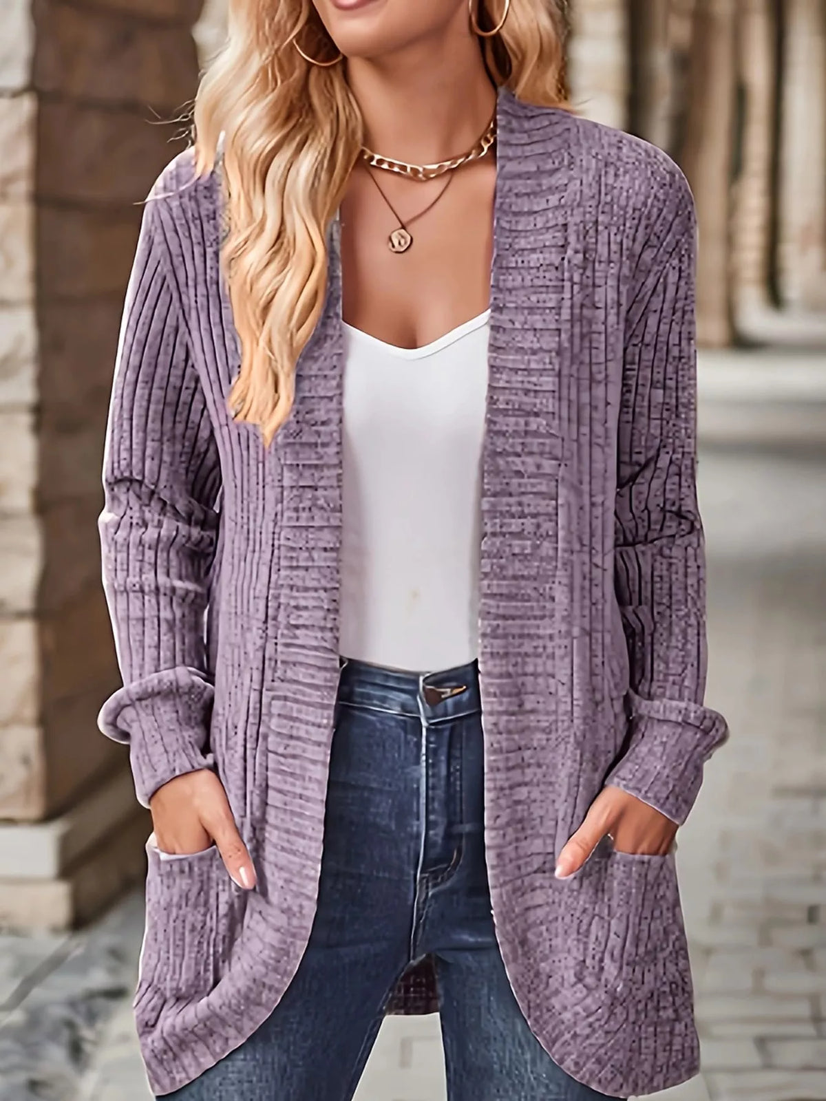 ribbed knit open front cardigan with pockets | dropsona - neutral - material texture