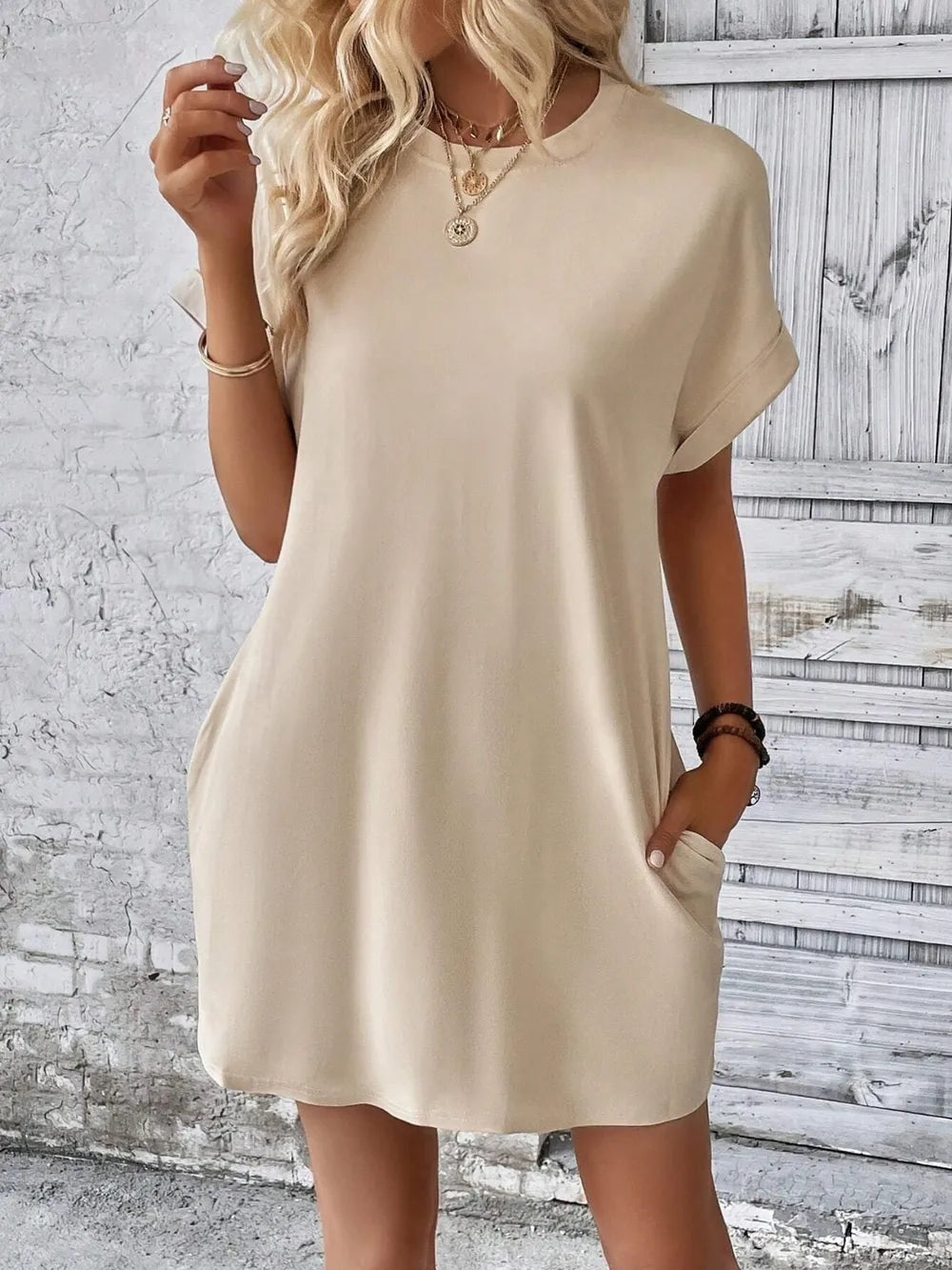 round neck short sleeve mini dress – basic style | dropsona - neutral - front view