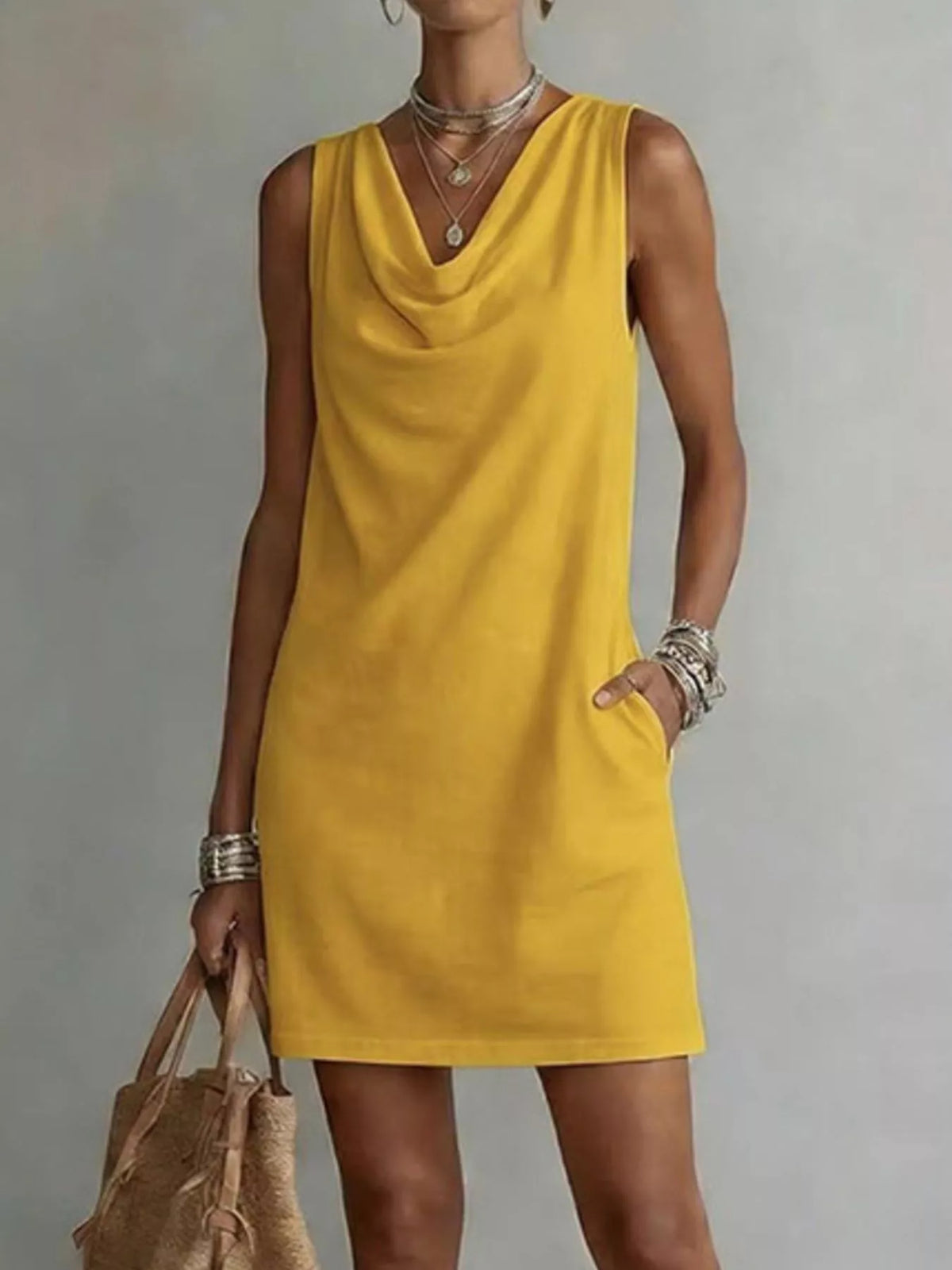 full size sleeveless cowl neck mini dress plus | dropsona - neutral - material texture