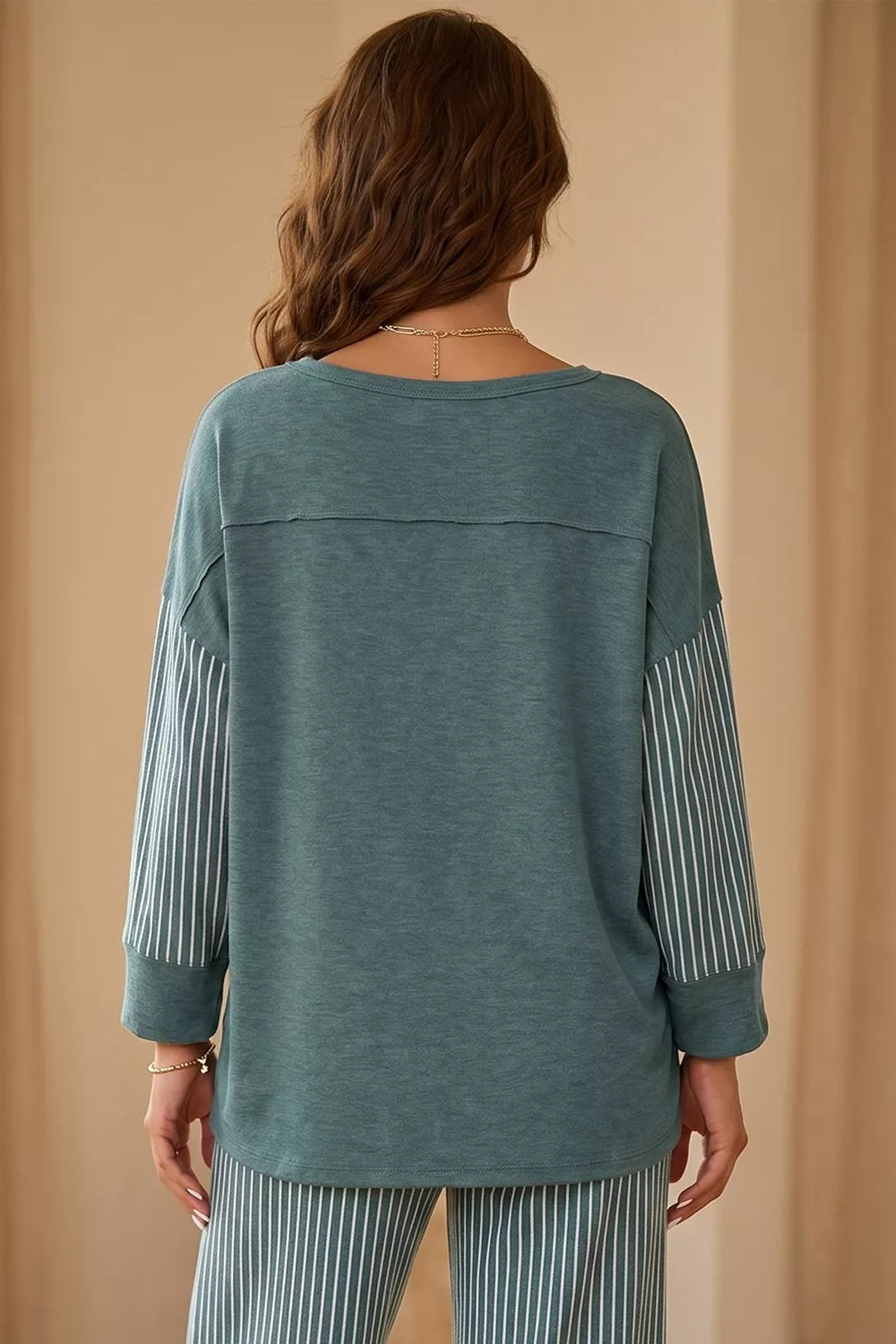 raw seam patchwork long sleeve top pocket casual | dropsona - neutral - front view