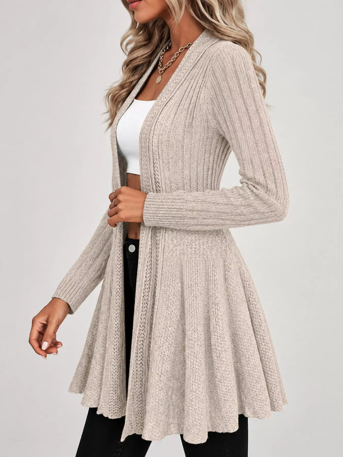 elegant ribbed knit open front flared cardigan | dropsona - neutral - size reference