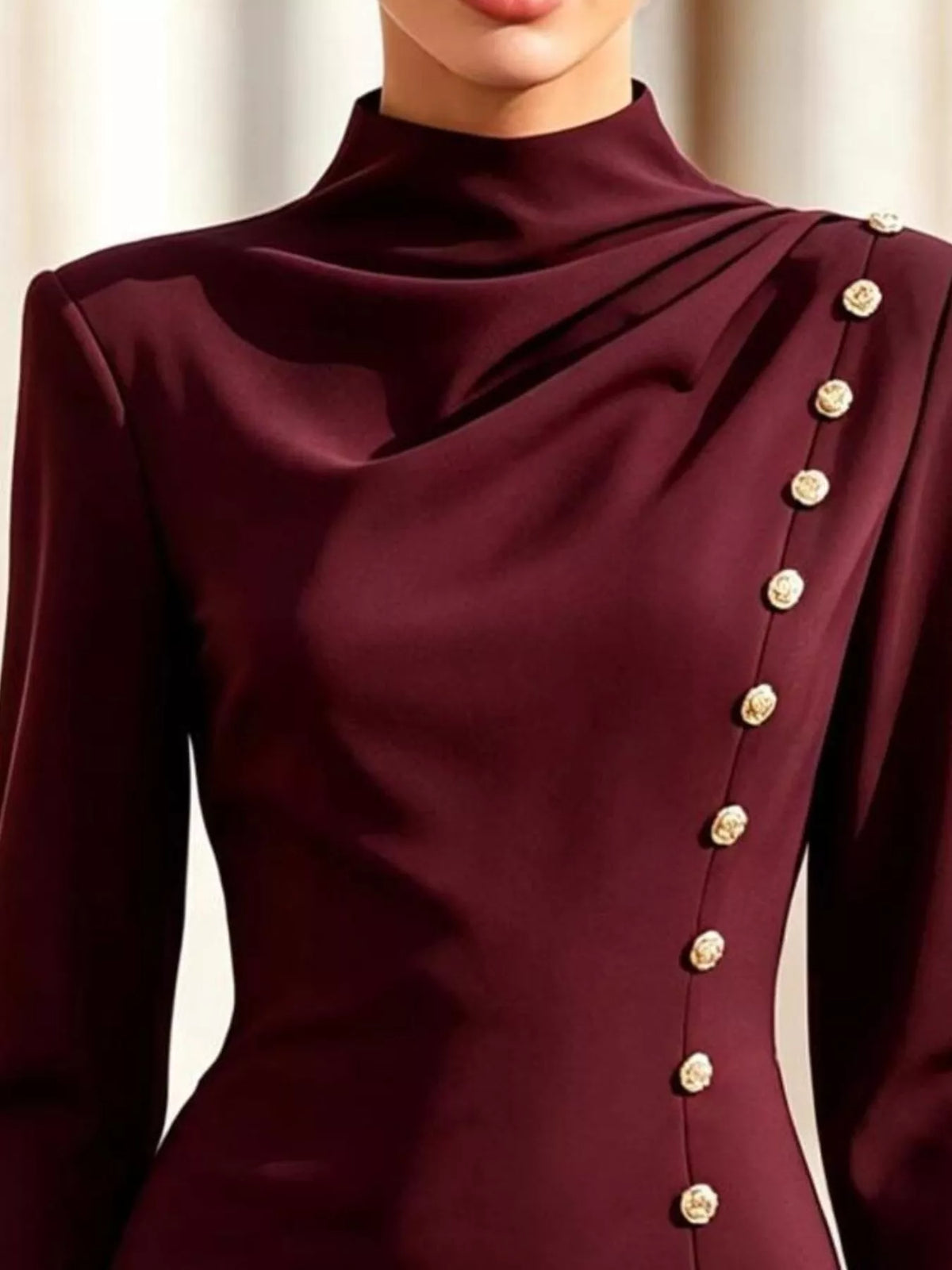 mock neck long-sleeve bodycon dress with gold-tone | dropsona - neutral - close-up detail