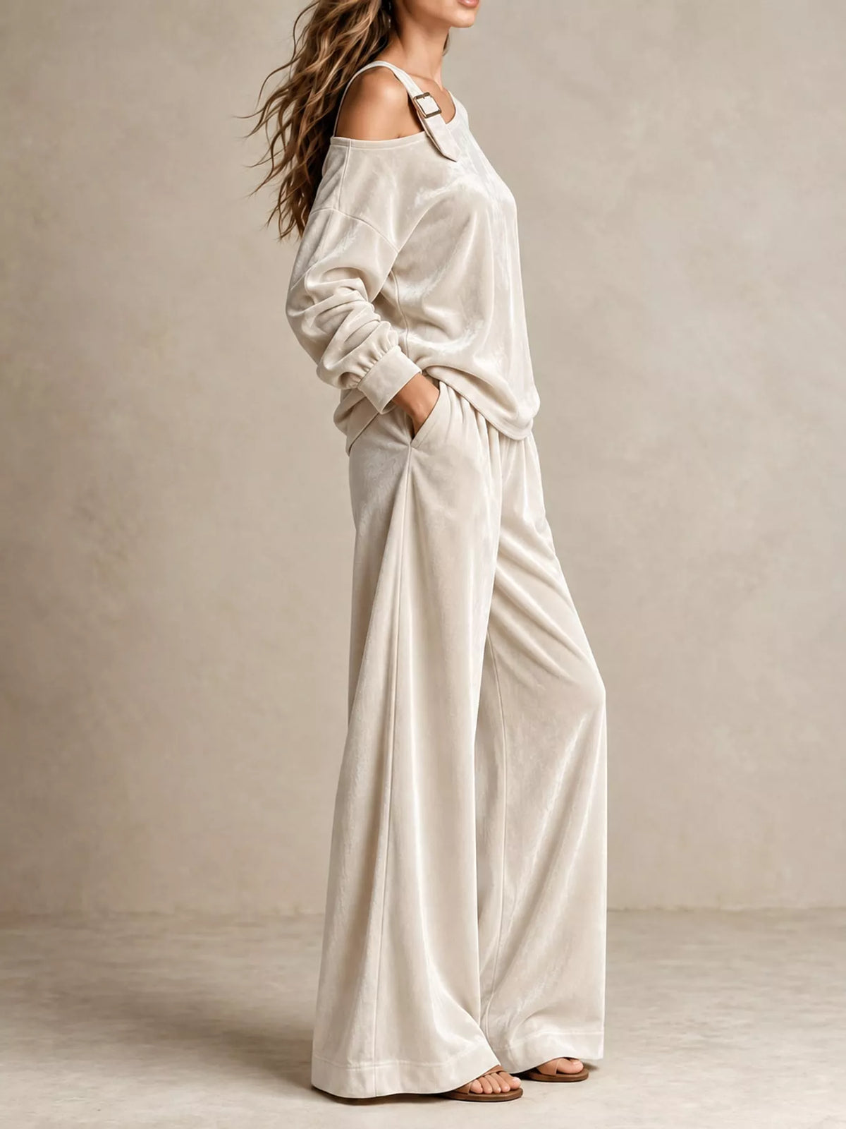 asymmetrical neck top and pants set | dropsona - neutral - front view