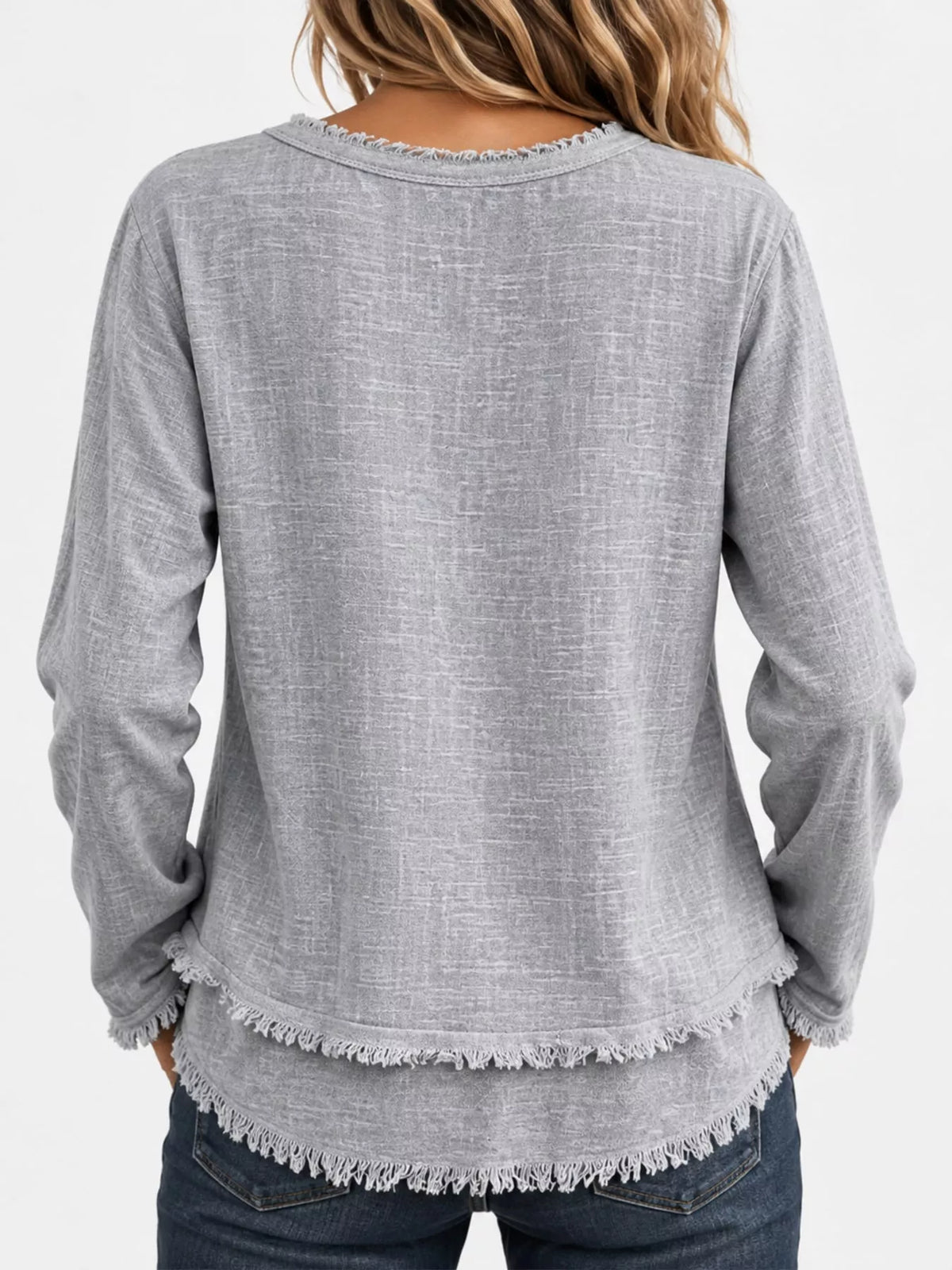 full size frayed hem v-neck blouse plus | dropsona - neutral - front view