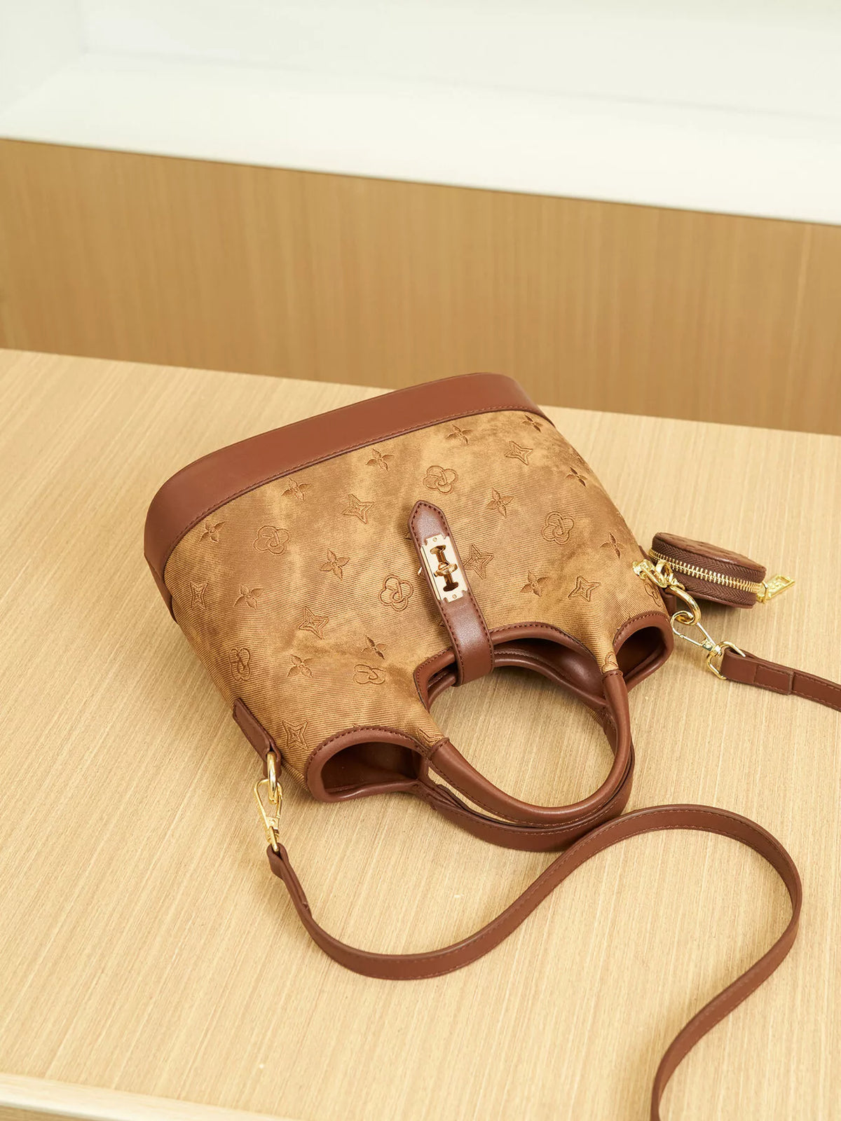 embossed crossbody bag with detachable coin pouch | dropsona - neutral - packaging
