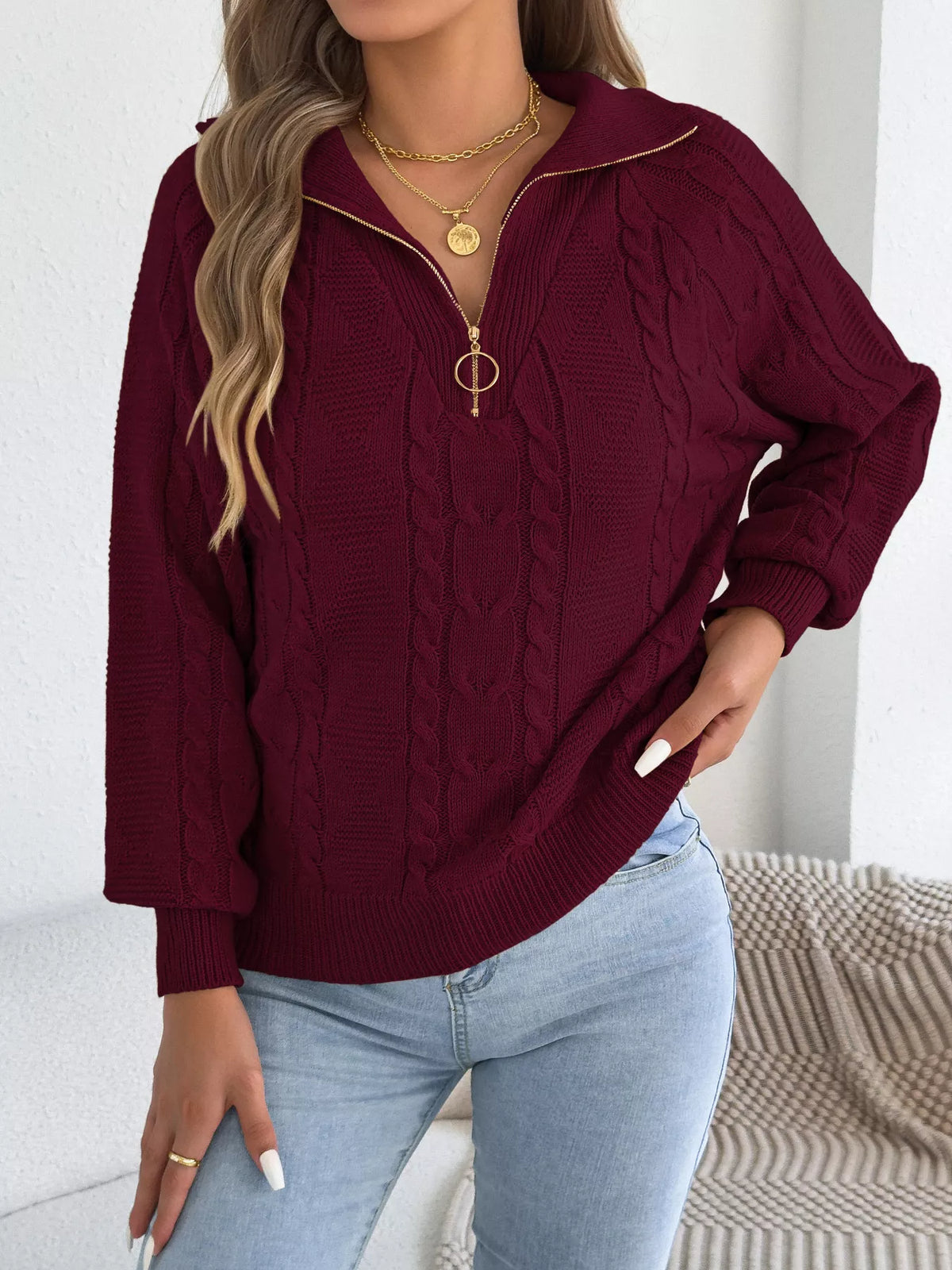 quarter-zip cable knit sweater – cable-knit,zipper | dropsona - neutral - front view