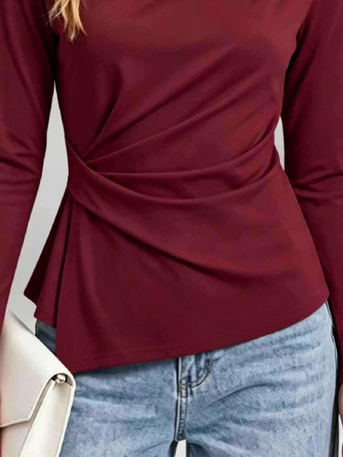 ruched waist long sleeve t-shirt – ruched,asymmetrical | dropsona - neutral - usage example