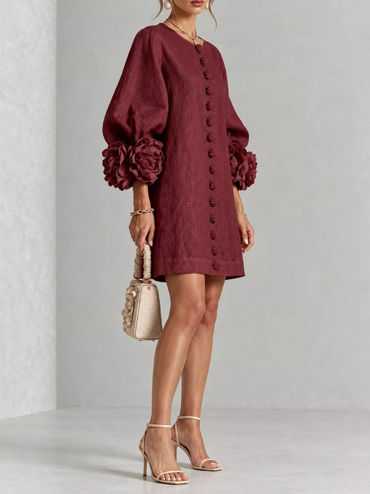 full size 3d floral sleeve accents mini dress plus | dropsona - neutral - size reference