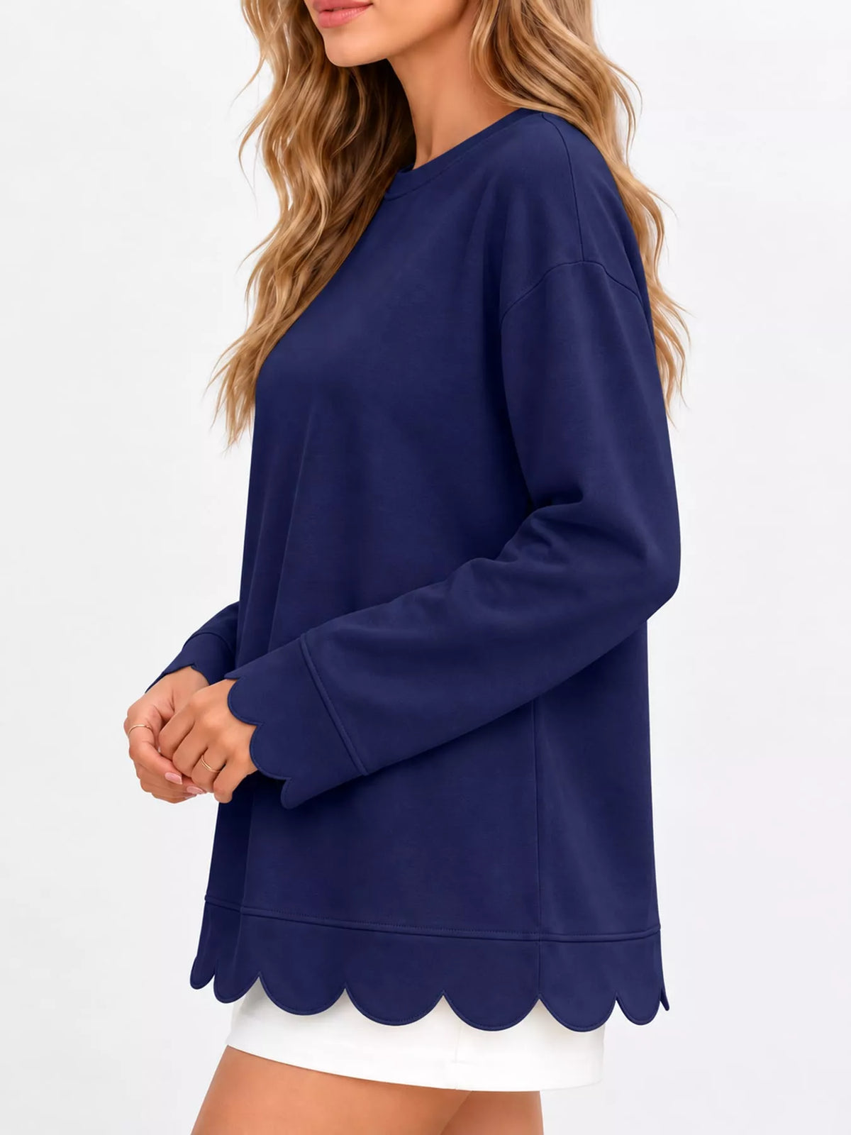 full size casual scalloped hem crewneck sweatshirt | dropsona - neutral - close-up detail