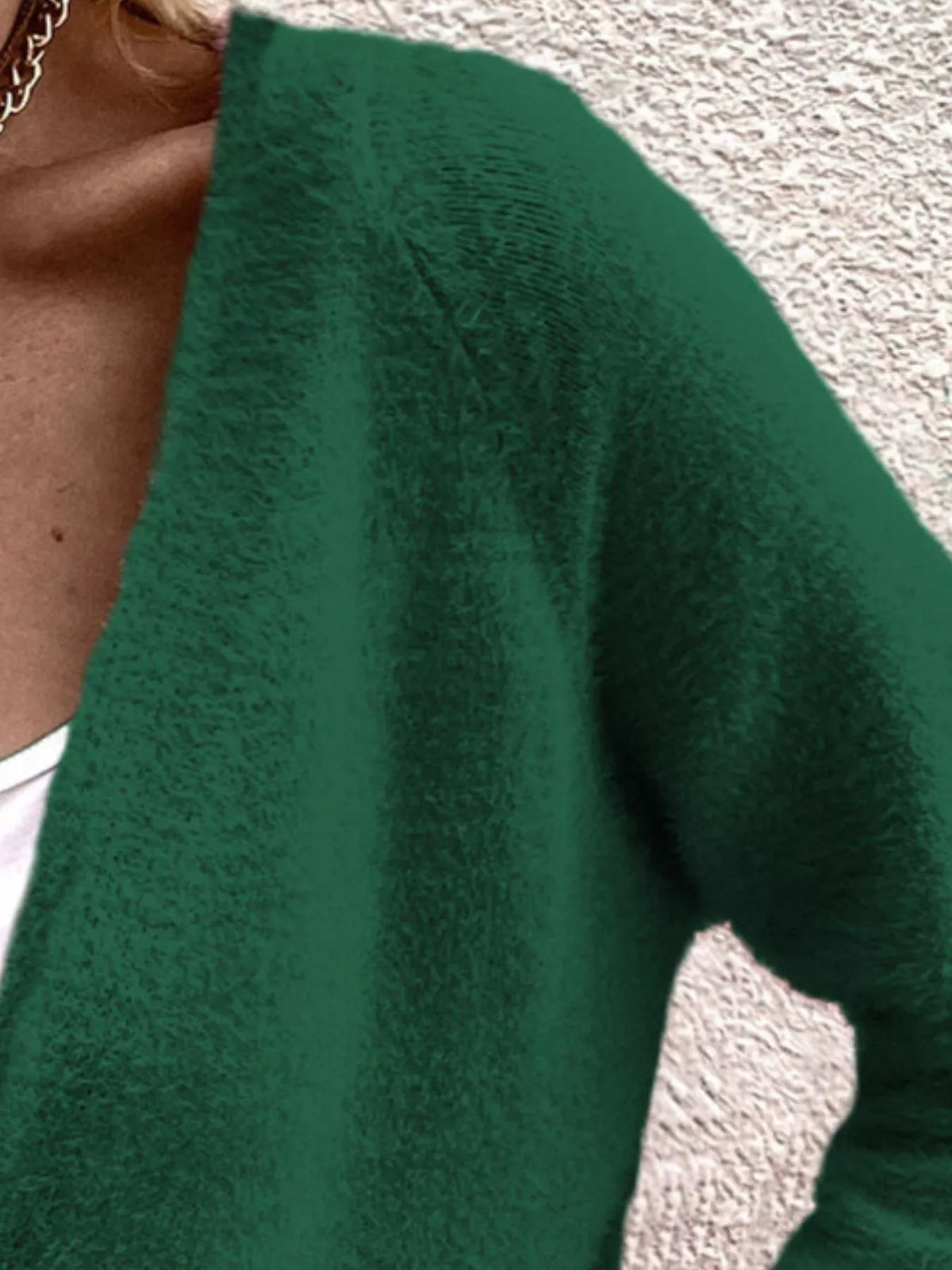 soft fuzzy v-neck button-down cardigan – buttoned | dropsona - neutral - close-up detail