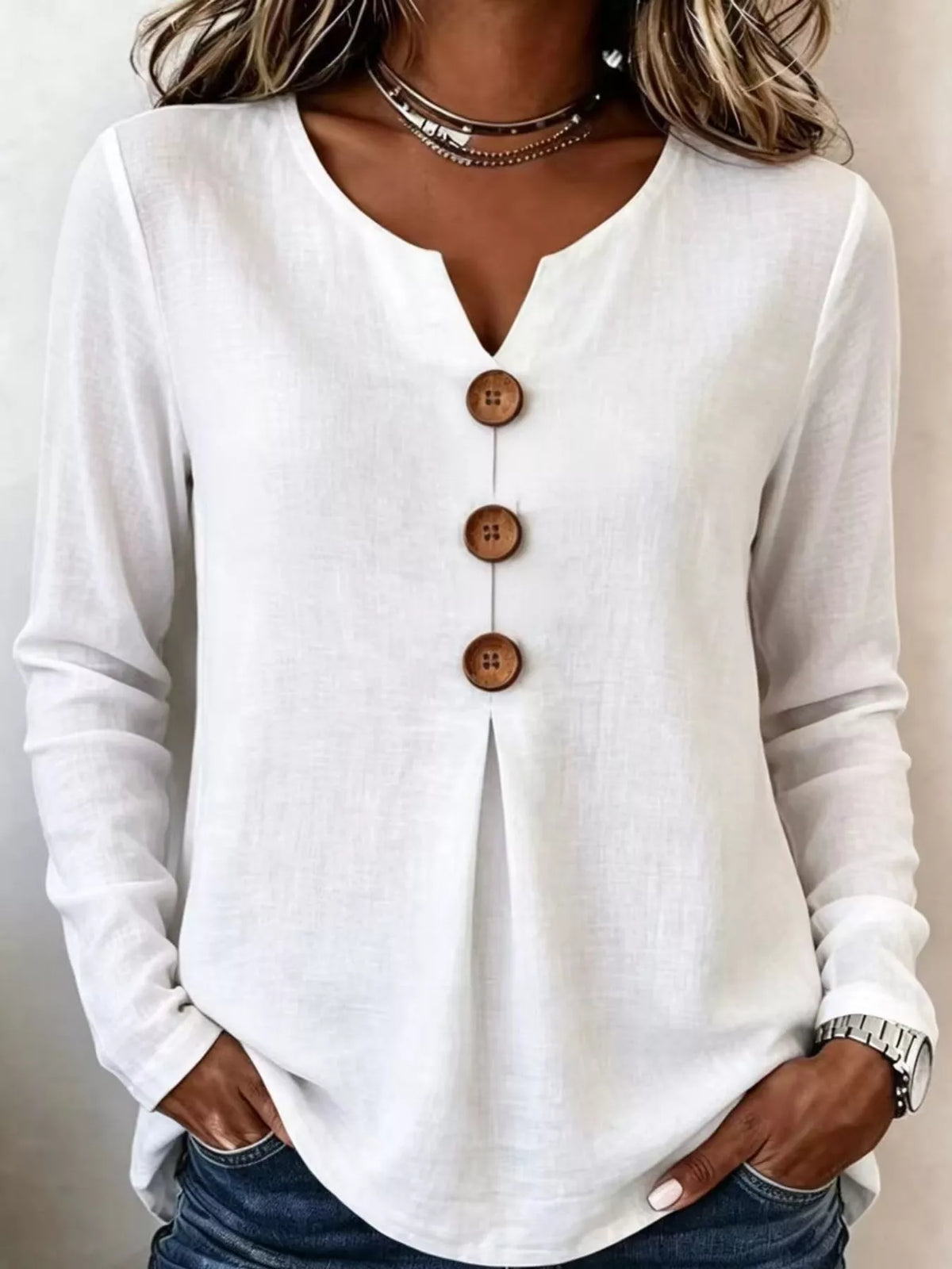full size long sleeve blouse with decorative wooden | dropsona - neutral - usage example