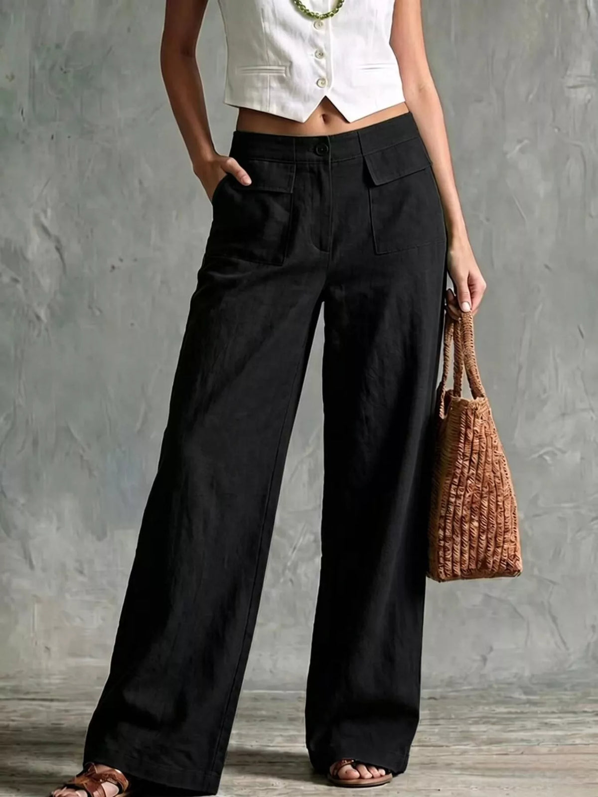 full size high-waisted wide-leg cargo pants plus | dropsona - neutral - packaging