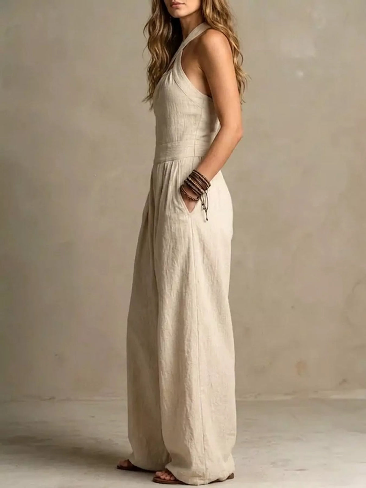 full size halter neck wide-leg jumpsuit plus | dropsona - neutral - close-up detail