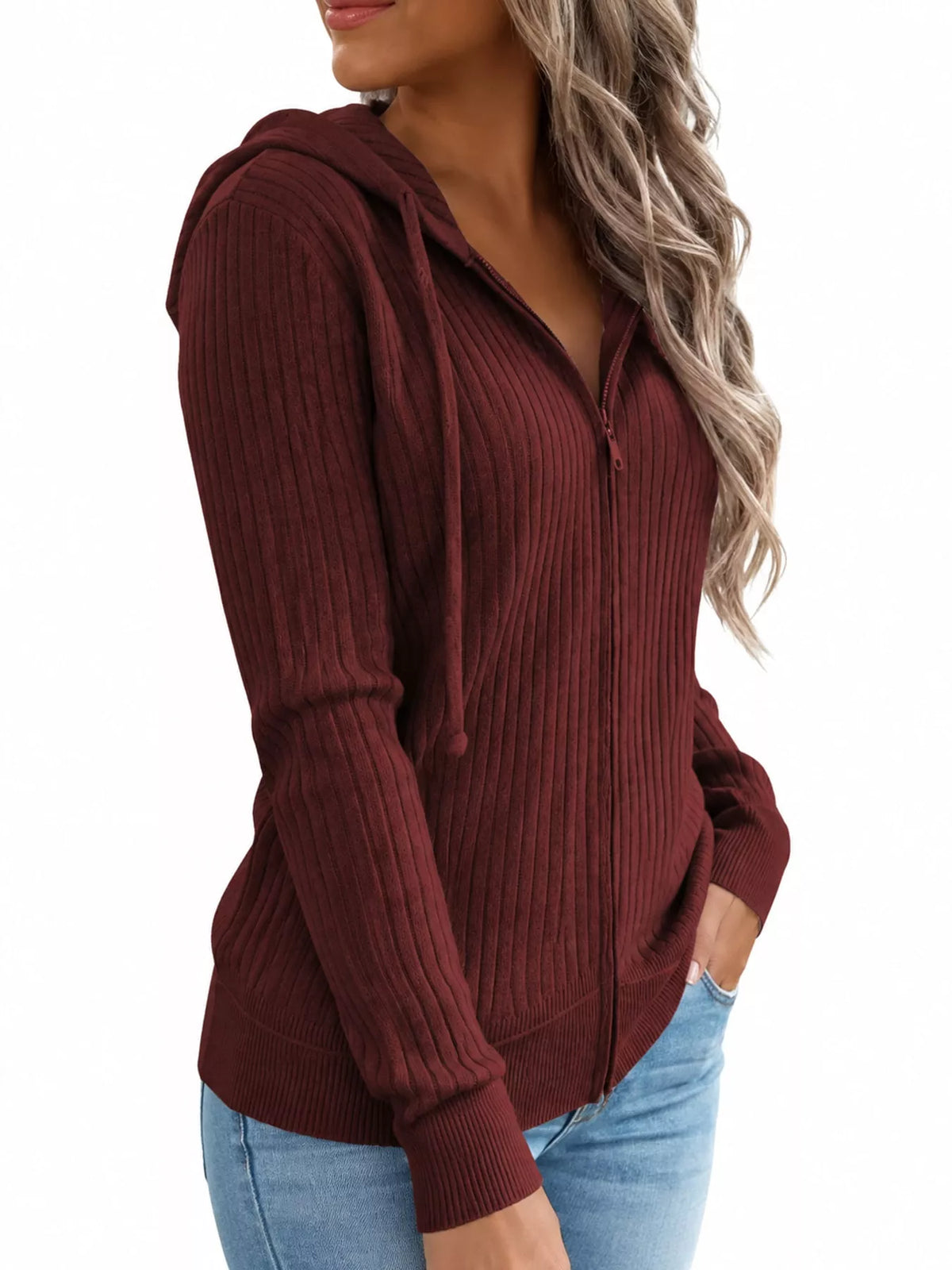 full size ribbed knit zip-up hooded cardigan plus | dropsona - neutral - front view