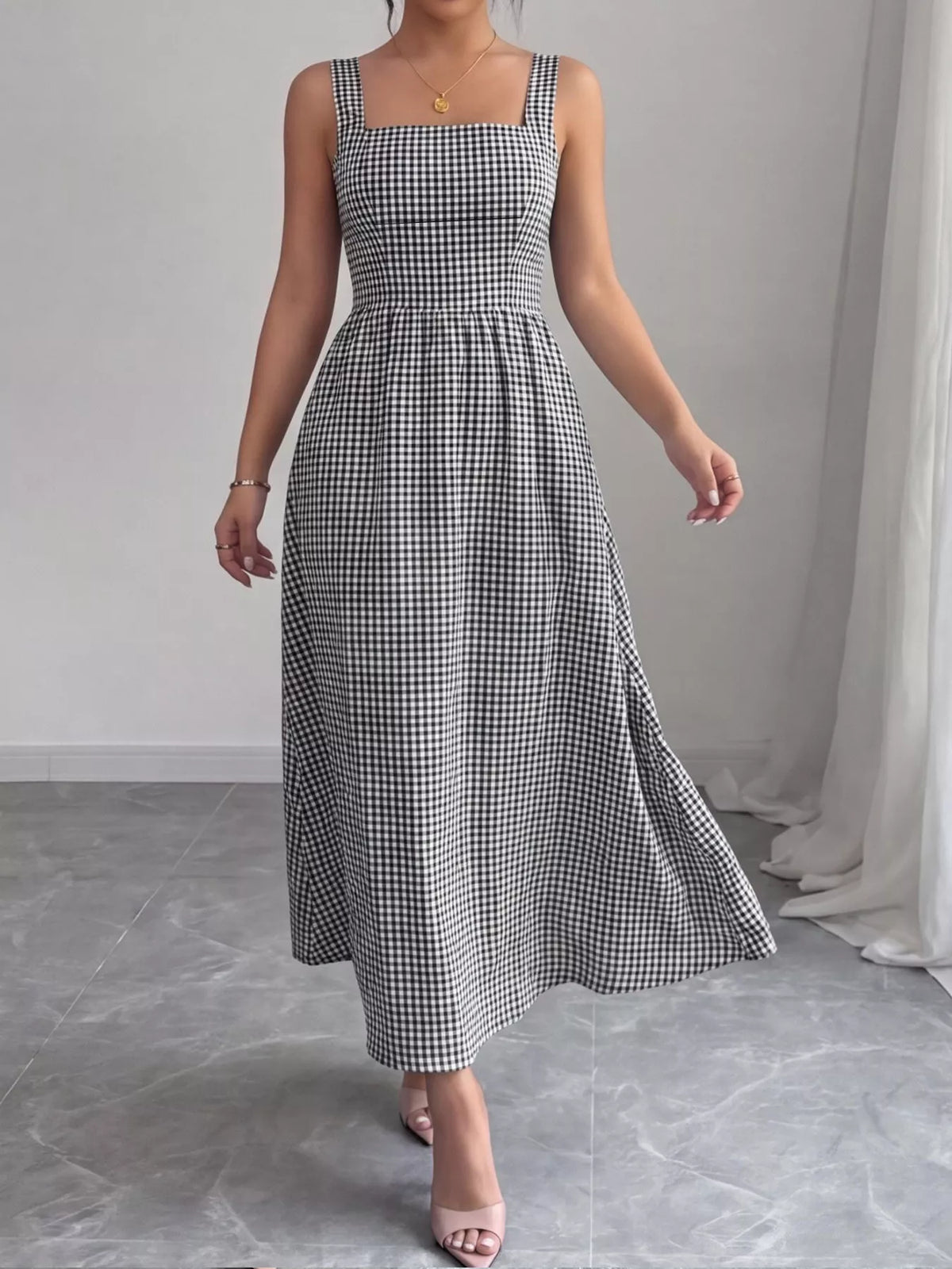 square neck gingham midi dress – pleated,seam detail | dropsona - neutral - material texture