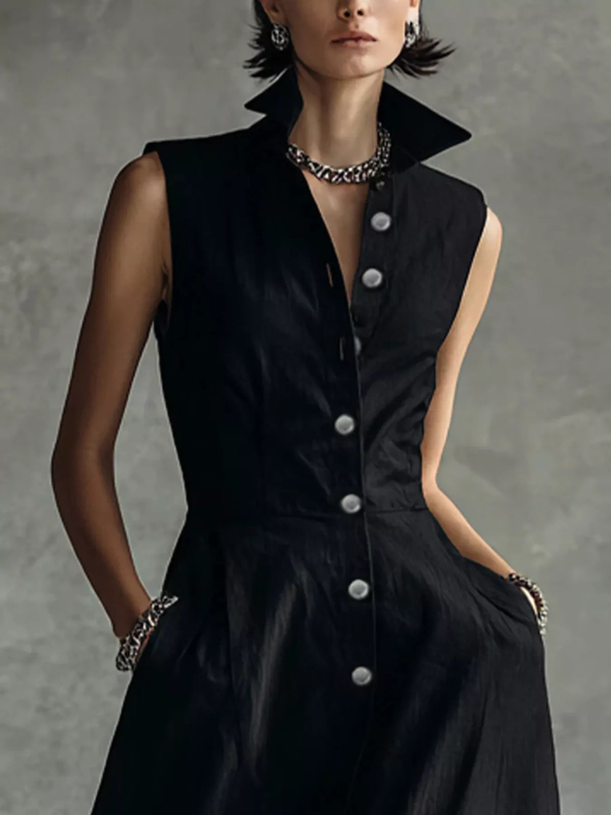 sleeveless button-down midi shirt dress | dropsona - neutral - close-up detail