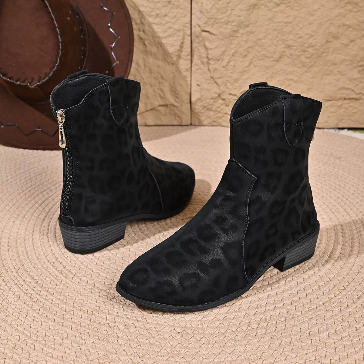 leopard print western ankle boots – dear monkey | dropsona - neutral - close-up detail