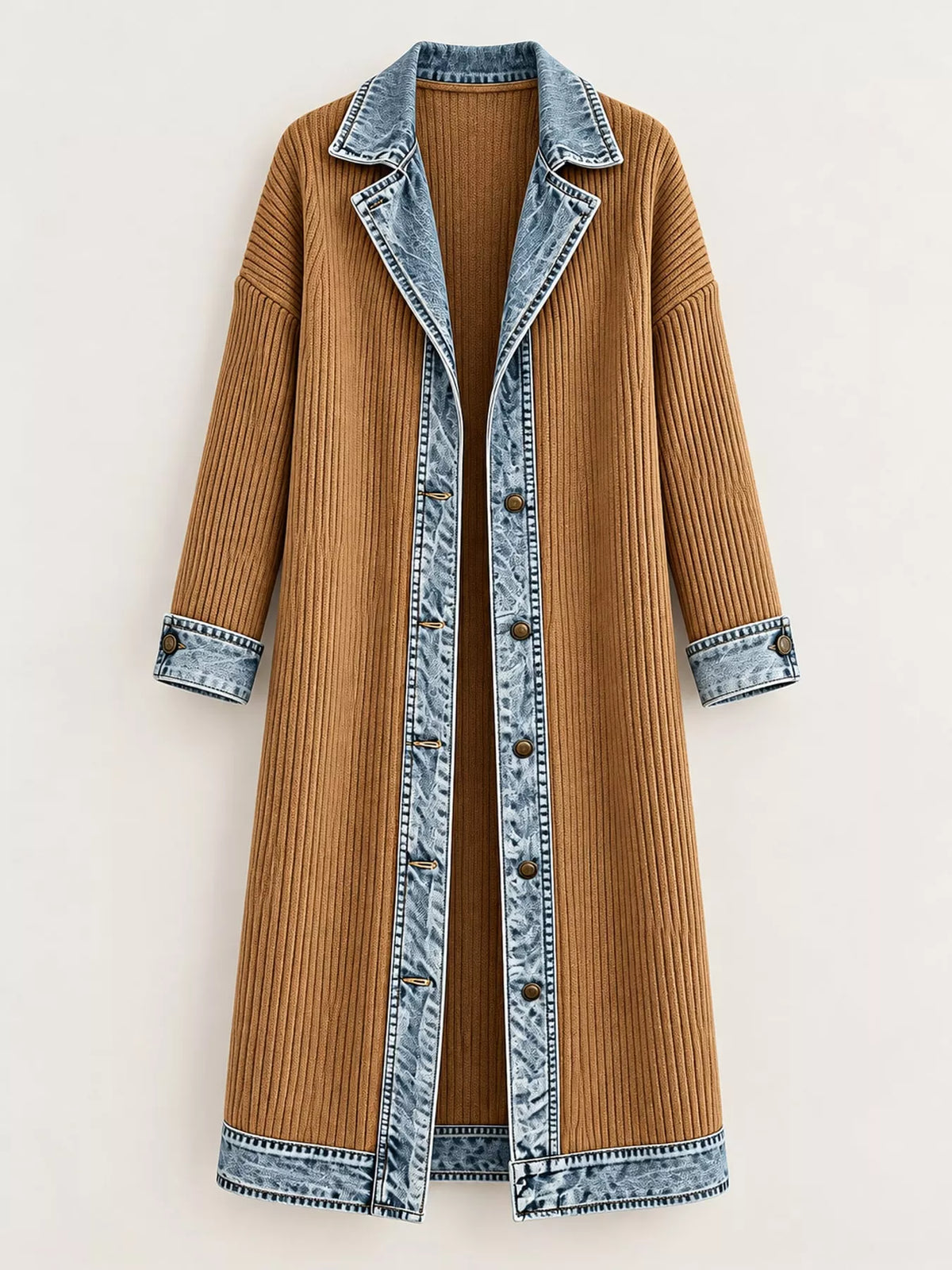 full size denim-trimmed ribbed knit longline cardigan | dropsona - neutral - size reference