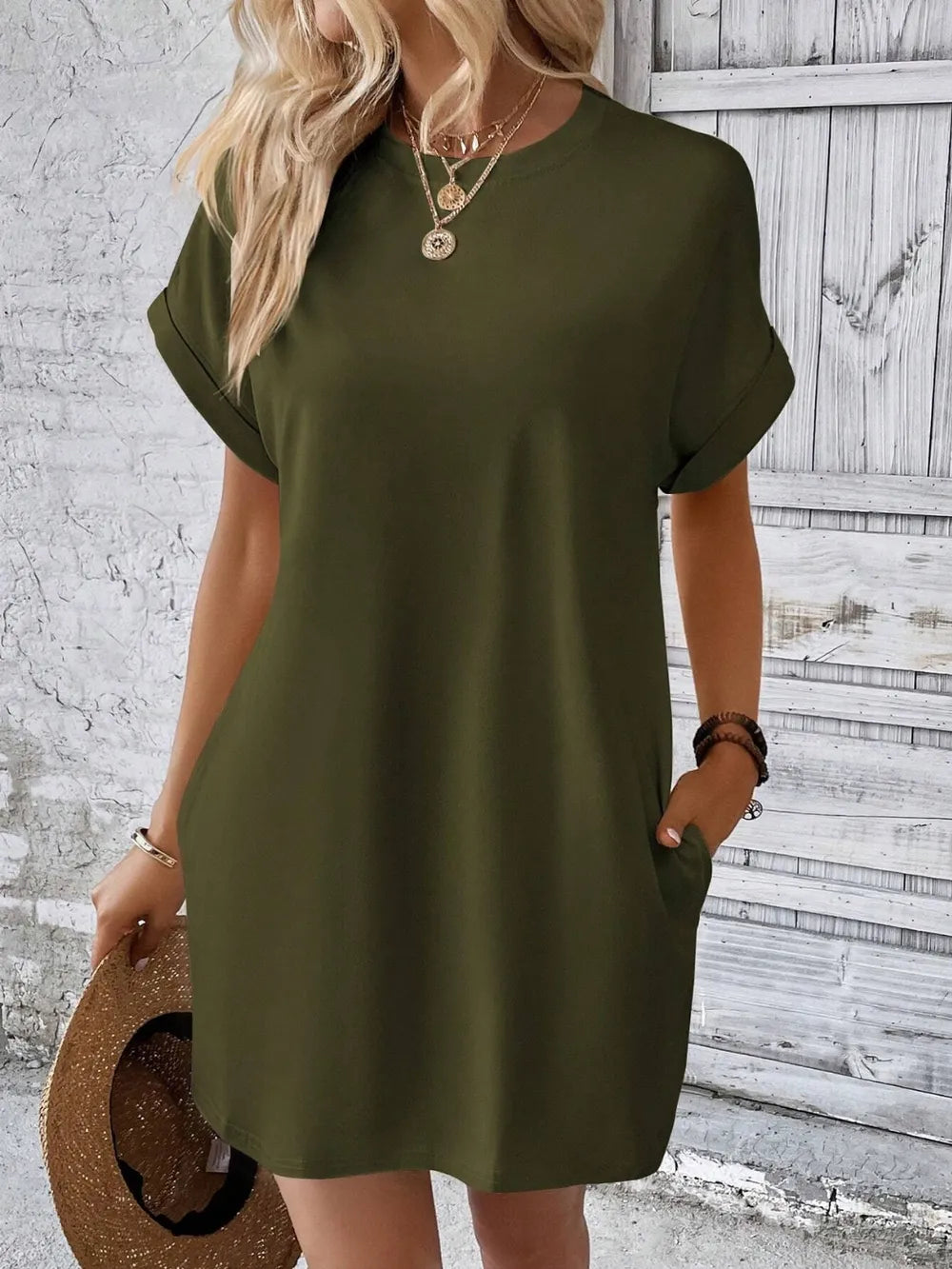 round neck short sleeve mini dress – basic style | dropsona - neutral - front view