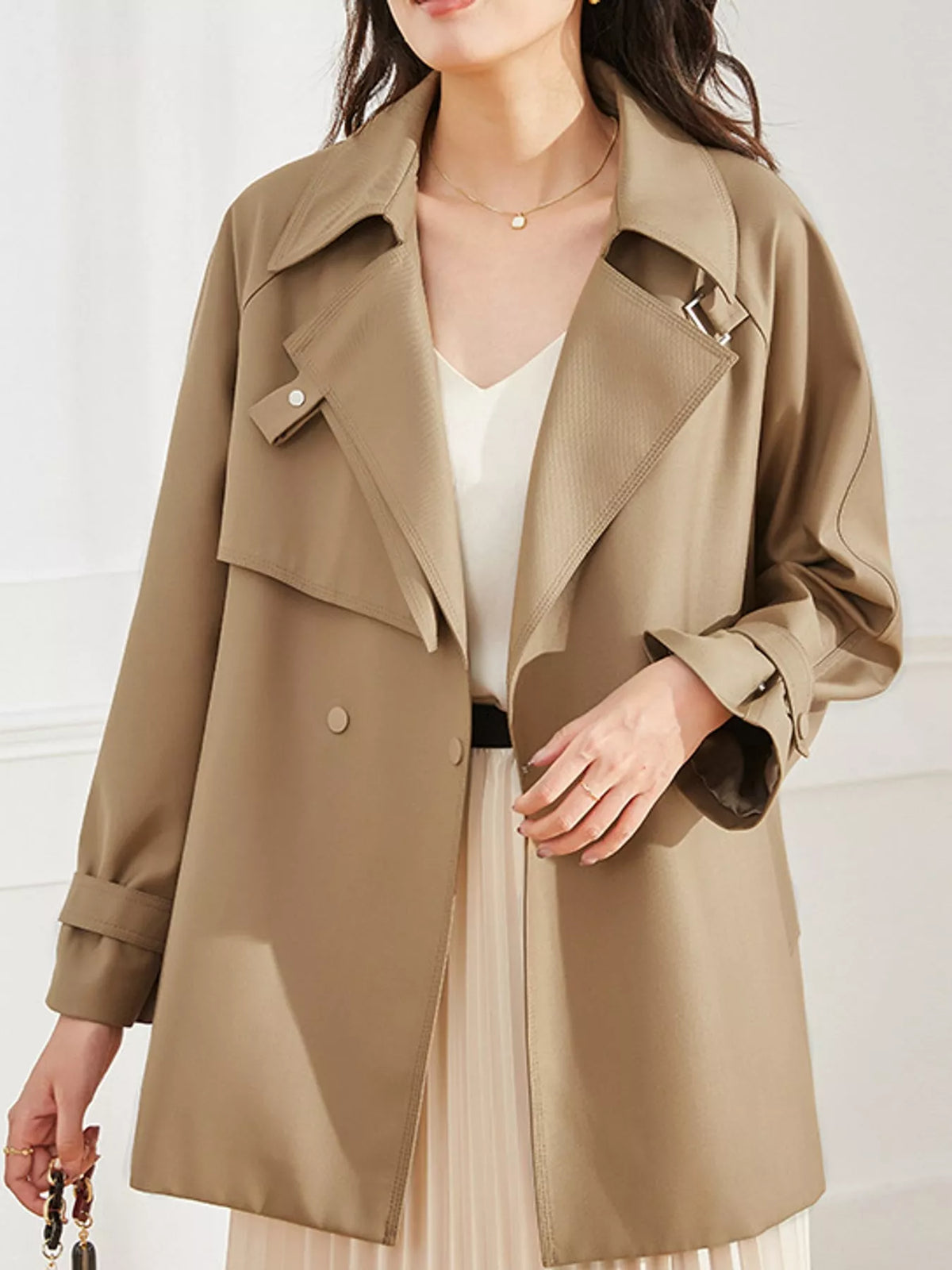 double-breasted tie waist trench coat | dropsona - neutral - front view