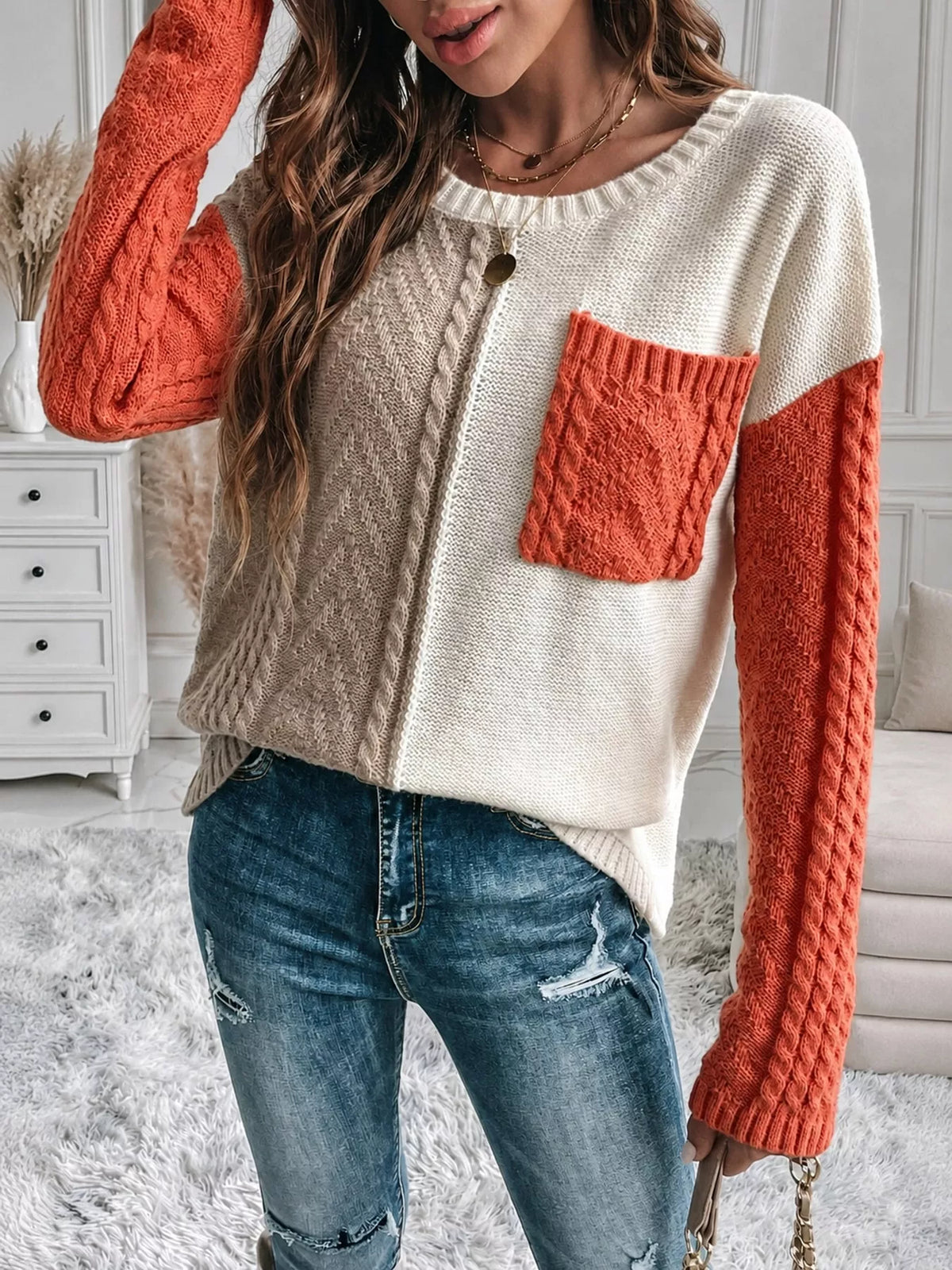 color block cable knit sweater – cable-knit fit | dropsona - neutral - material texture