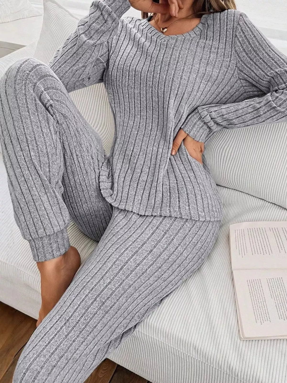 ribbed knit long sleeve top and pants loungewear set | dropsona - neutral - front view