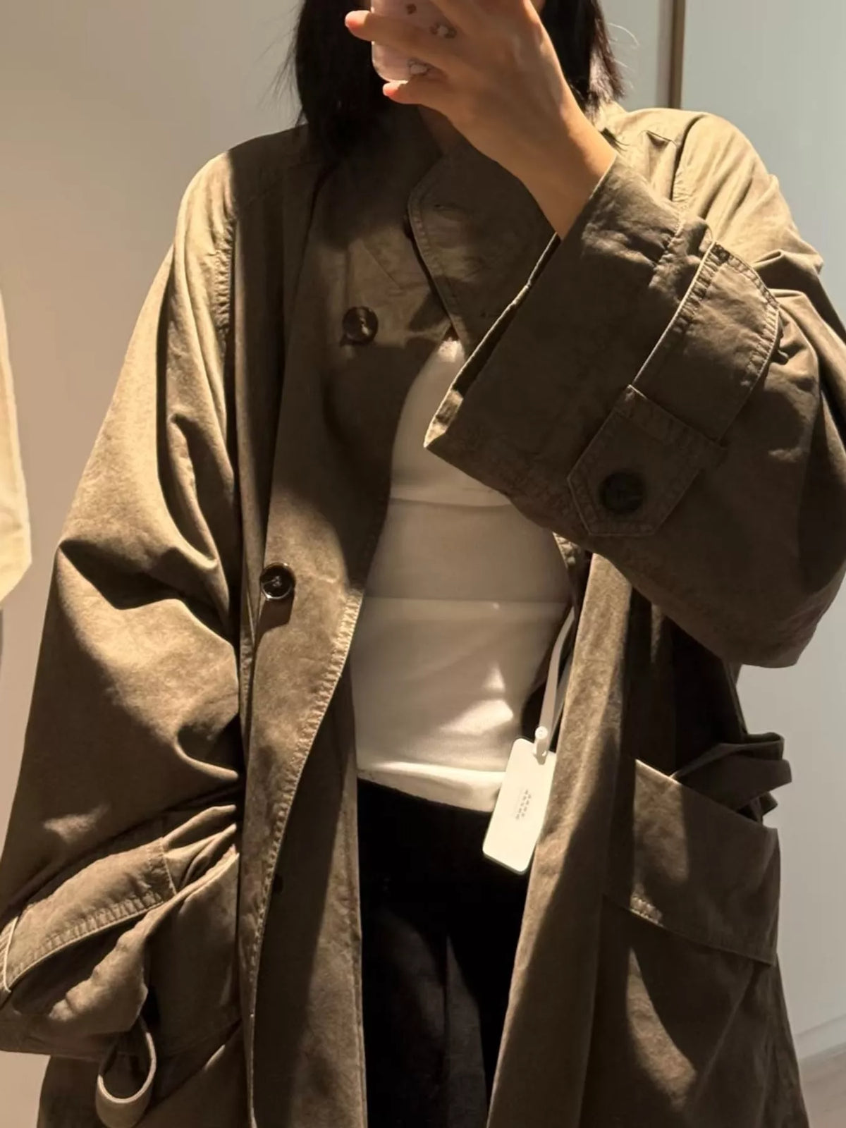 vintage style stand-collar belted utility jacket | dropsona - neutral - front view