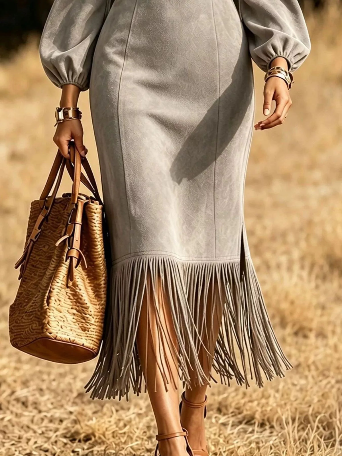 fringe round neck balloon sleeve dress – | dropsona - neutral - front view