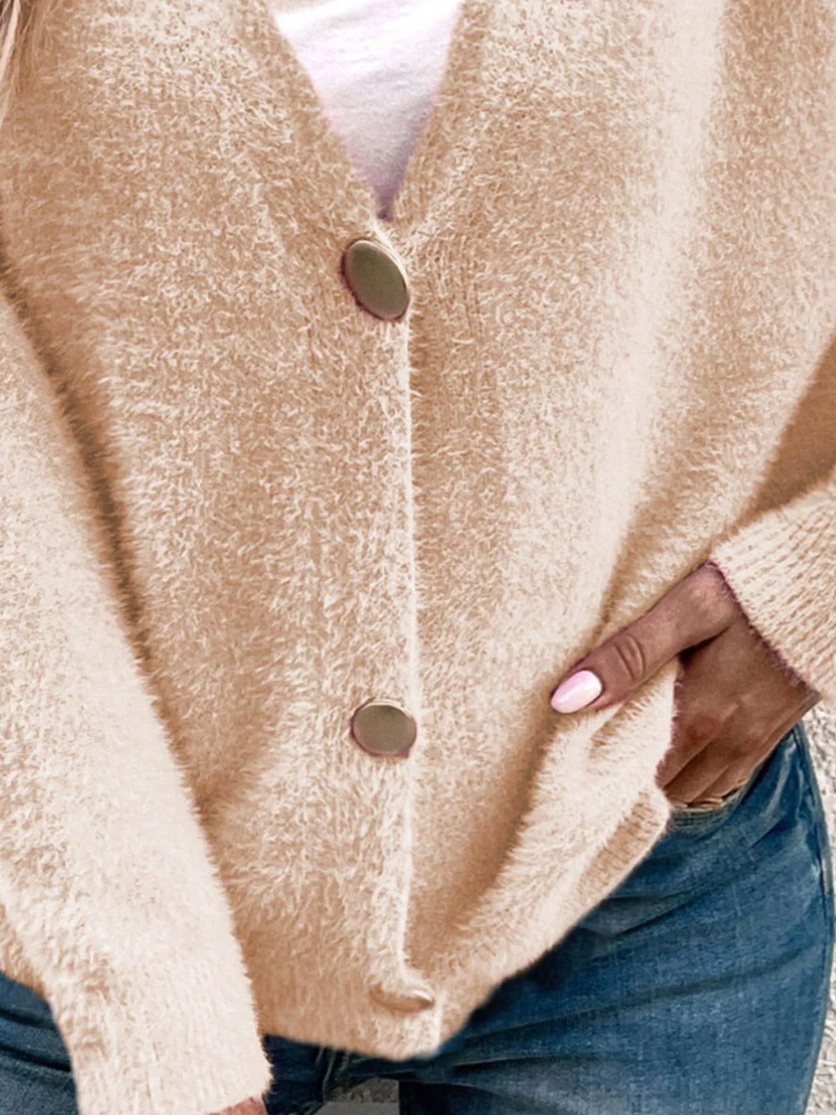 soft fuzzy v-neck button-down cardigan – buttoned | dropsona - neutral - packaging