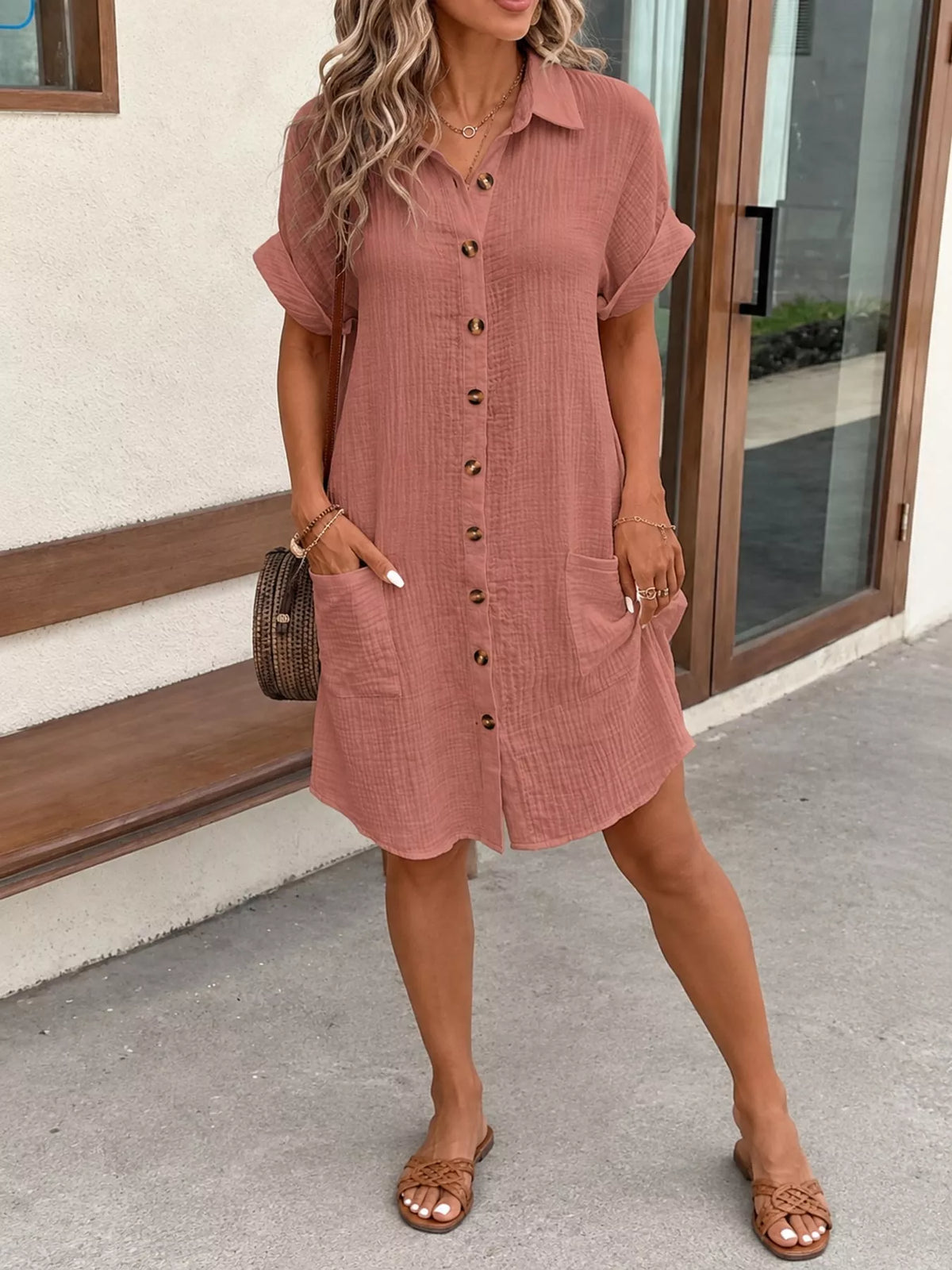 full size button-down textured shirt dress with | dropsona - neutral - packaging