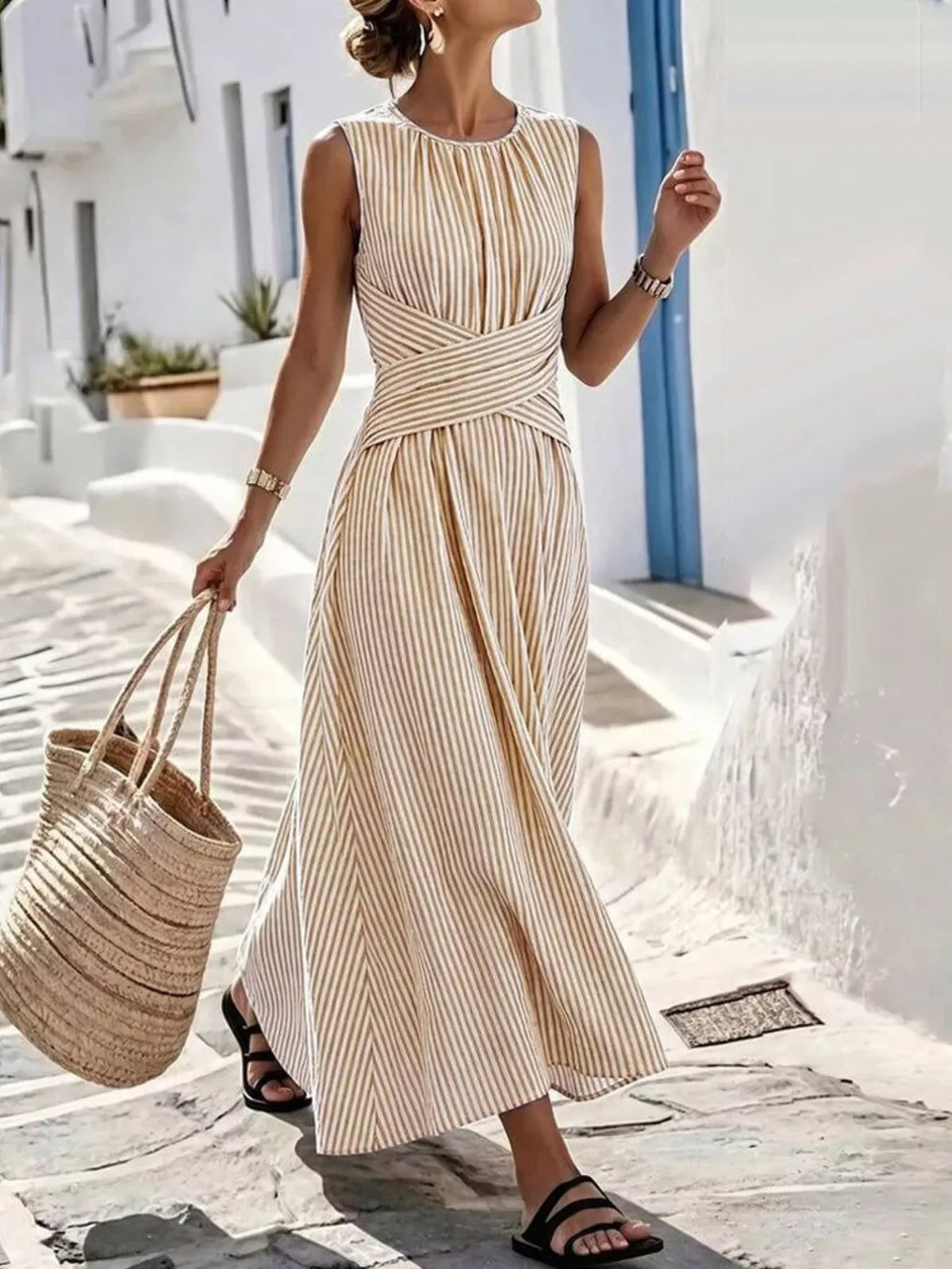 full size striped sleeveless maxi dress plus | dropsona - neutral - close-up detail