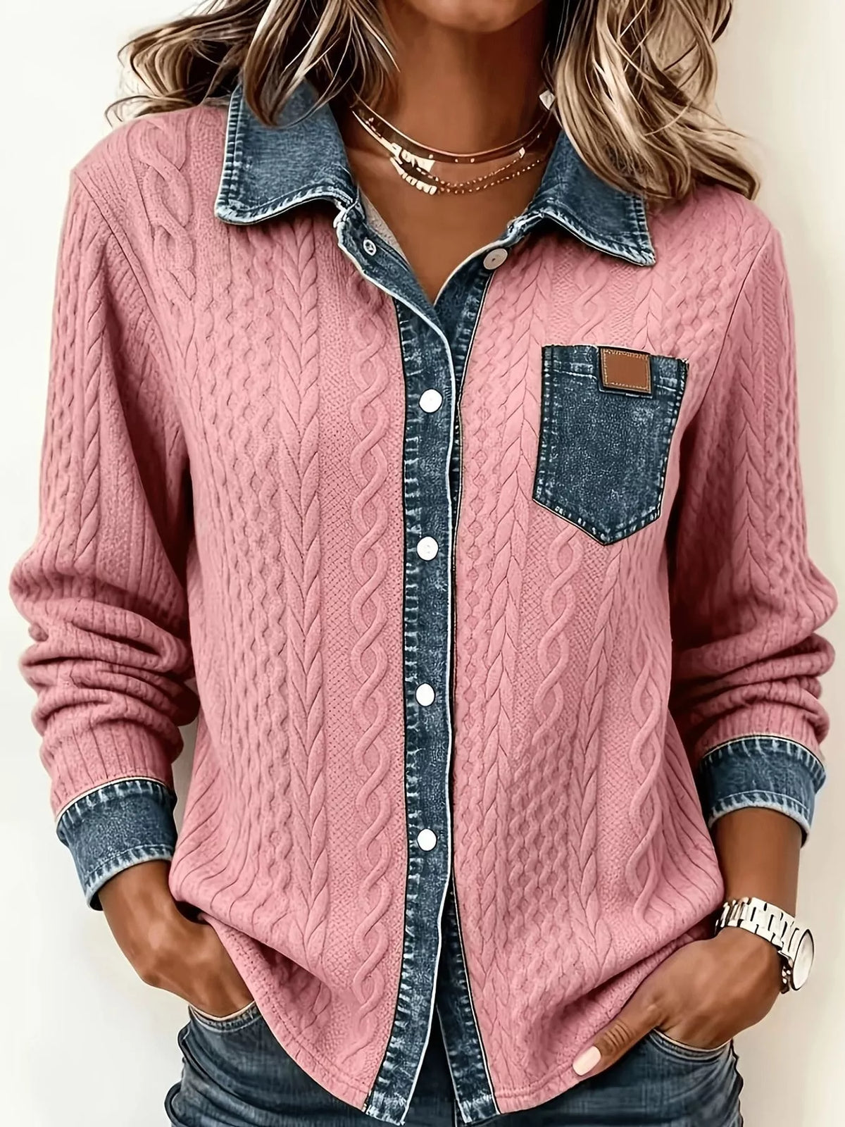 full size contrast denim trim textured button-down | dropsona - neutral - size reference