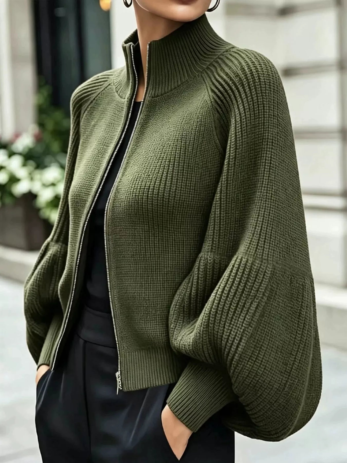 full size elegant ribbed knit zip-up cardigan with | dropsona - neutral - packaging
