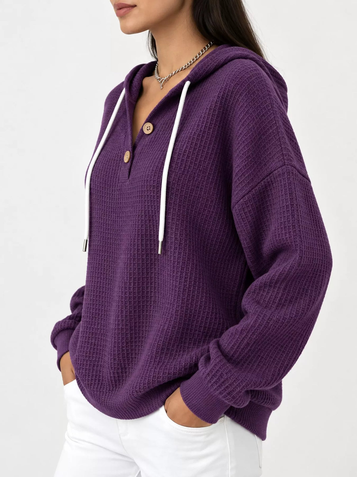 full size waffle knit button detail hoodie plus | dropsona - neutral - size reference