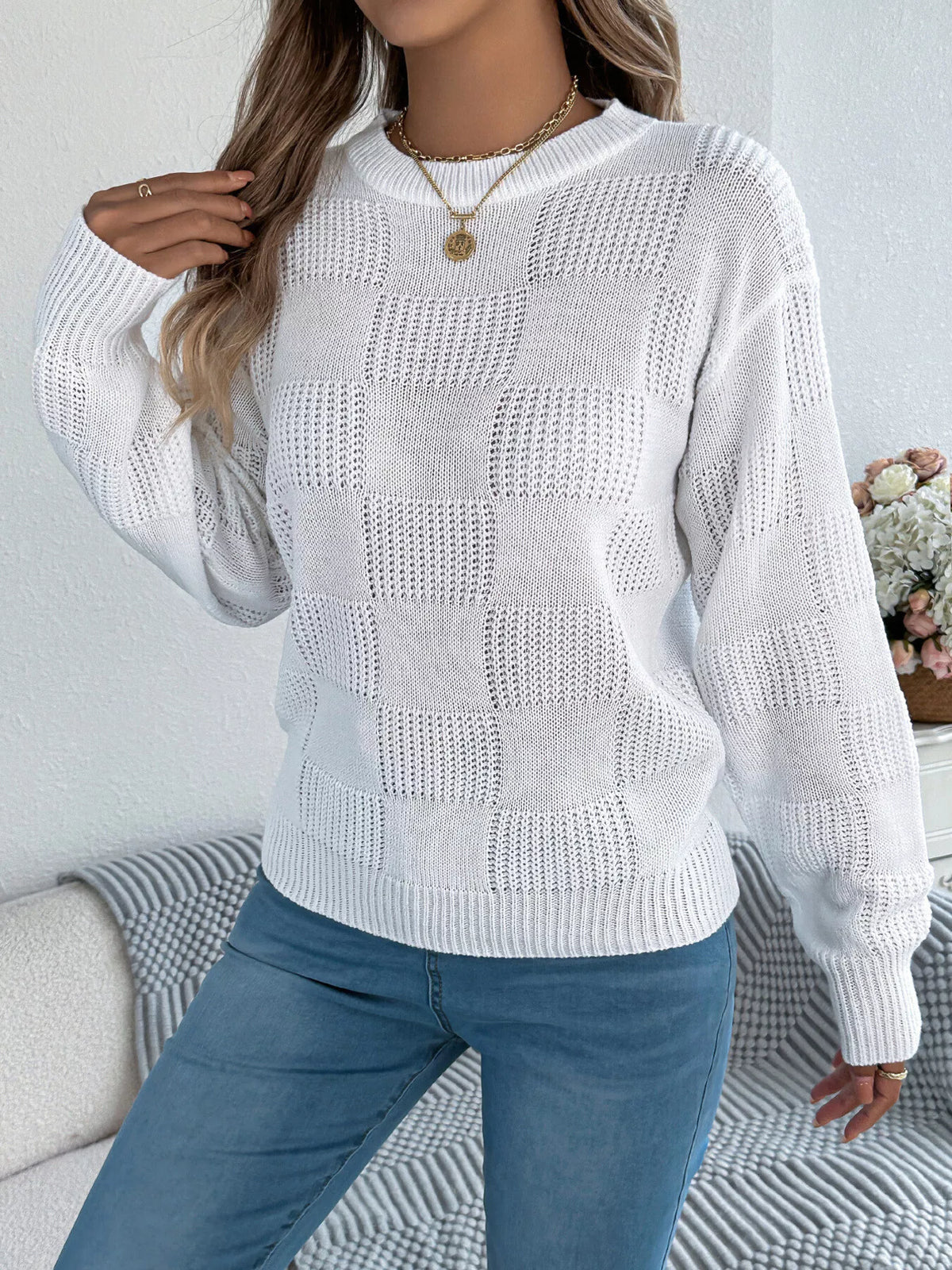 checkerboard textured knit sweater | dropsona - neutral - close-up detail
