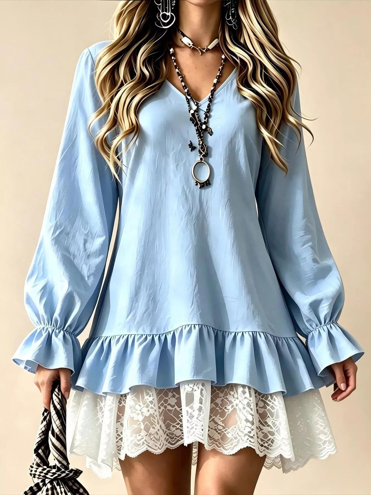 v-neck long sleeve ruffle hem lace trim mini dress | dropsona - neutral - size reference