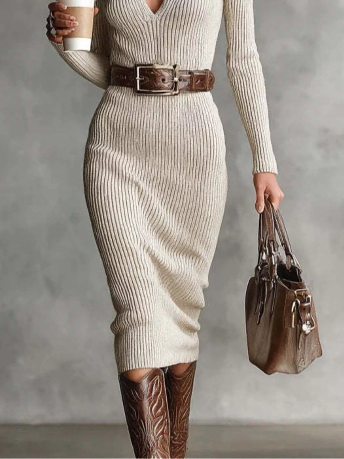 ribbed knit v-neck sweater dress – basic style | dropsona - neutral - size reference