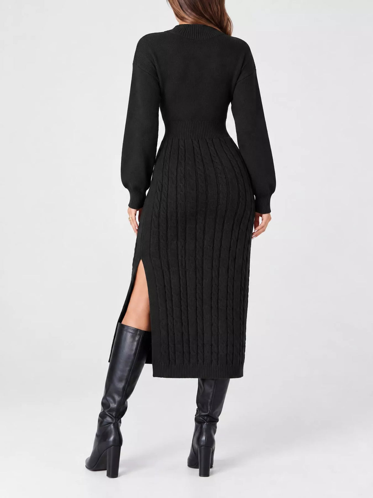 full size mock neck cable knit sweater dress with | dropsona - neutral - front view