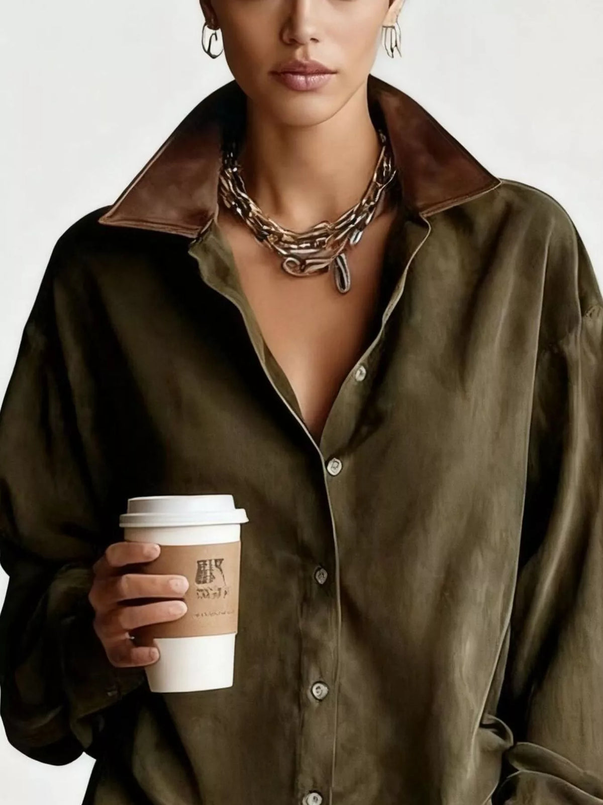 contrast collar mini shirt dress – buttoned | dropsona - neutral - close-up detail