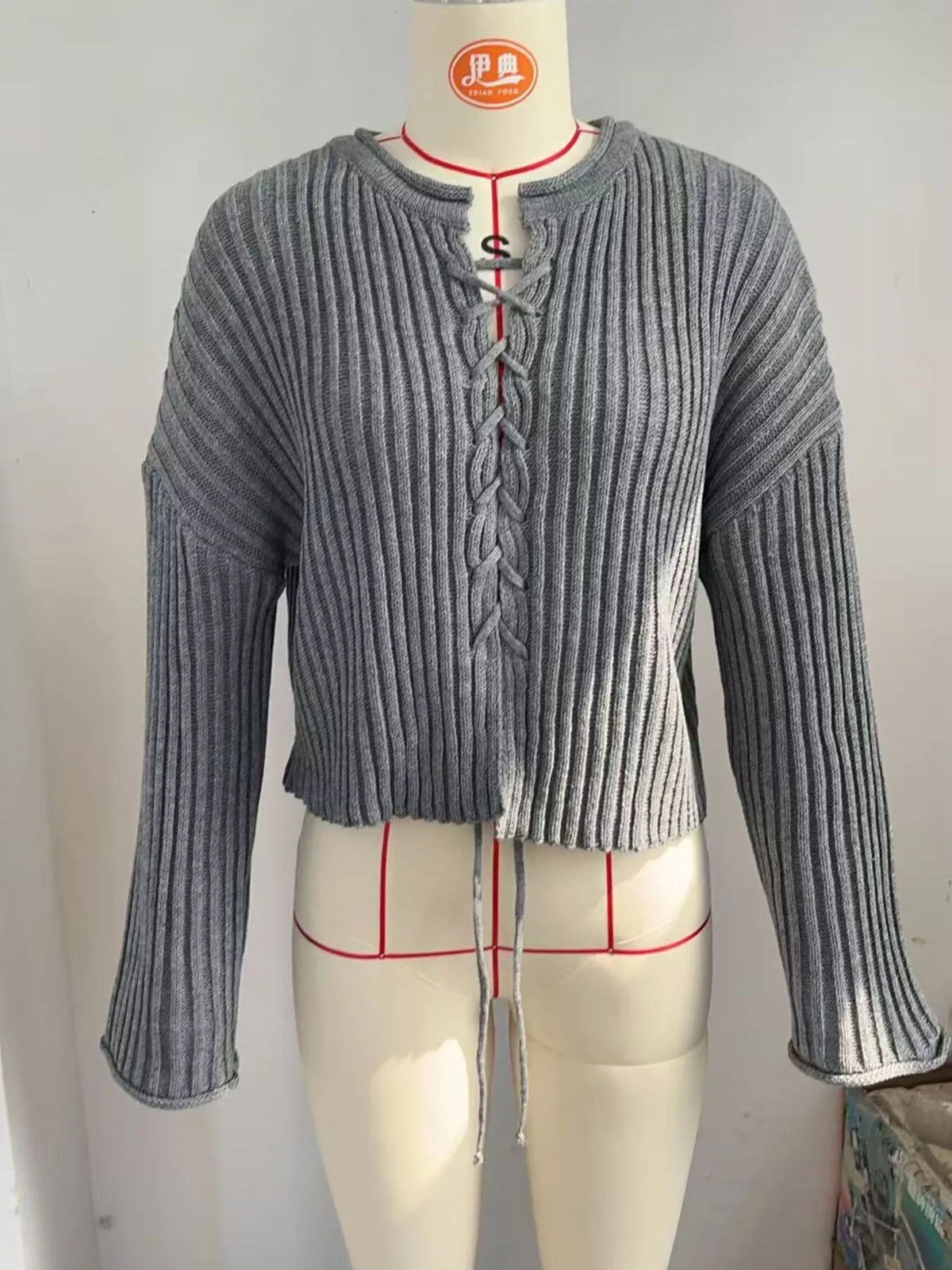 ribbed lace-up crop sweater – | dropsona - neutral - front view