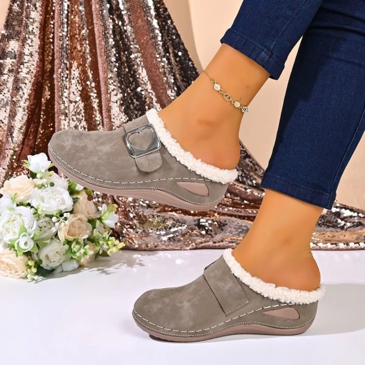 faux fur lined heart buckle slip-ons | dropsona - neutral - material texture